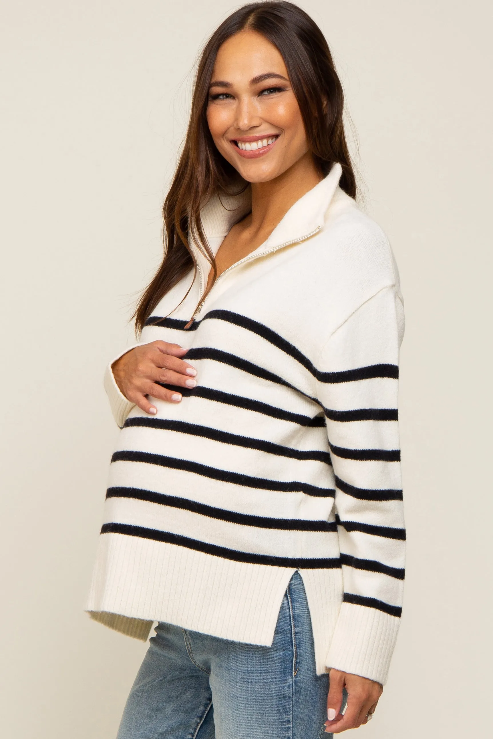 Ivory Striped Half Zip Maternity Sweater sold by Pinkblush product image thumbnail 2
