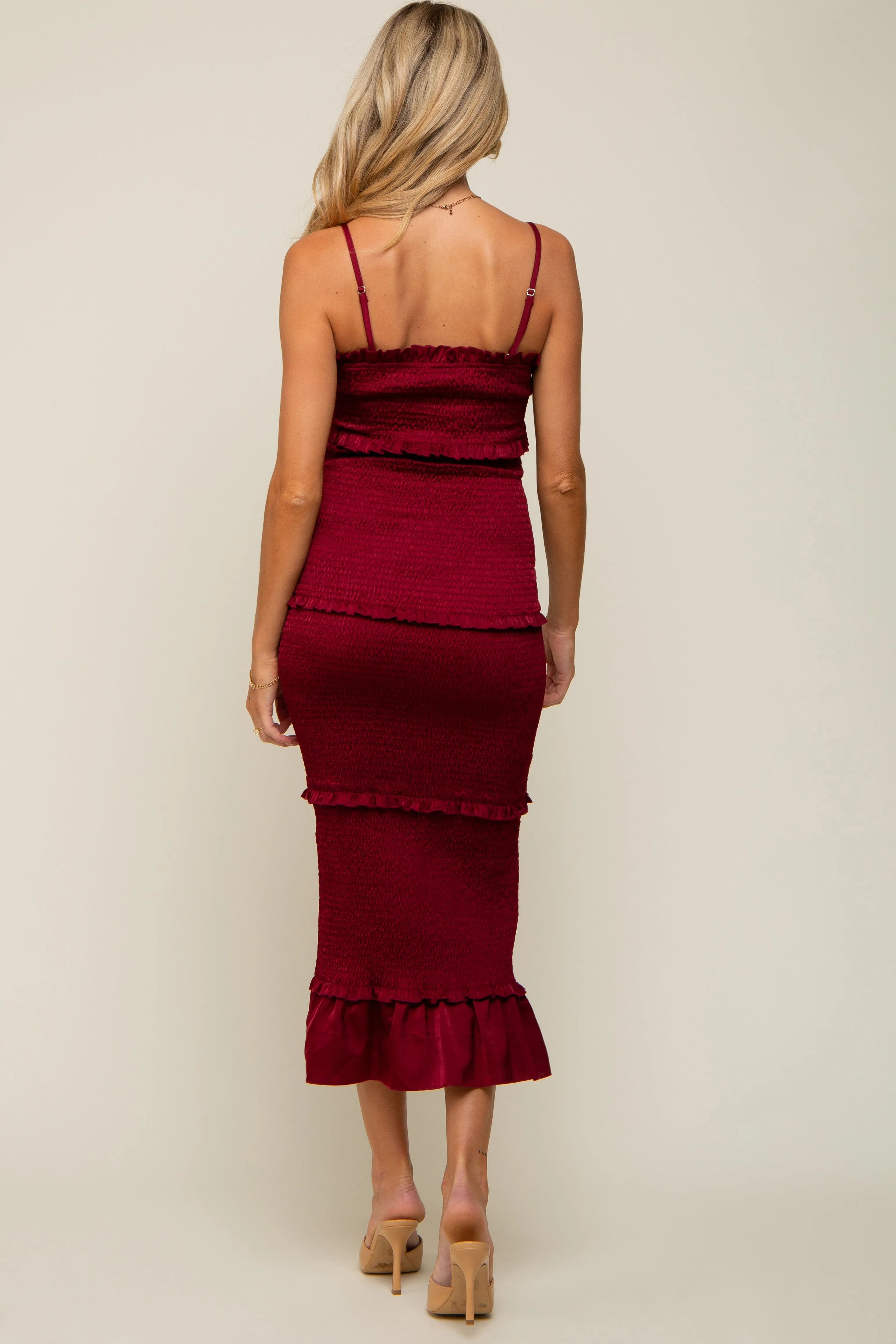 Burgundy Satin Smocked Fitted Maternity Midi Dress sold by Pinkblush product image thumbnail 3