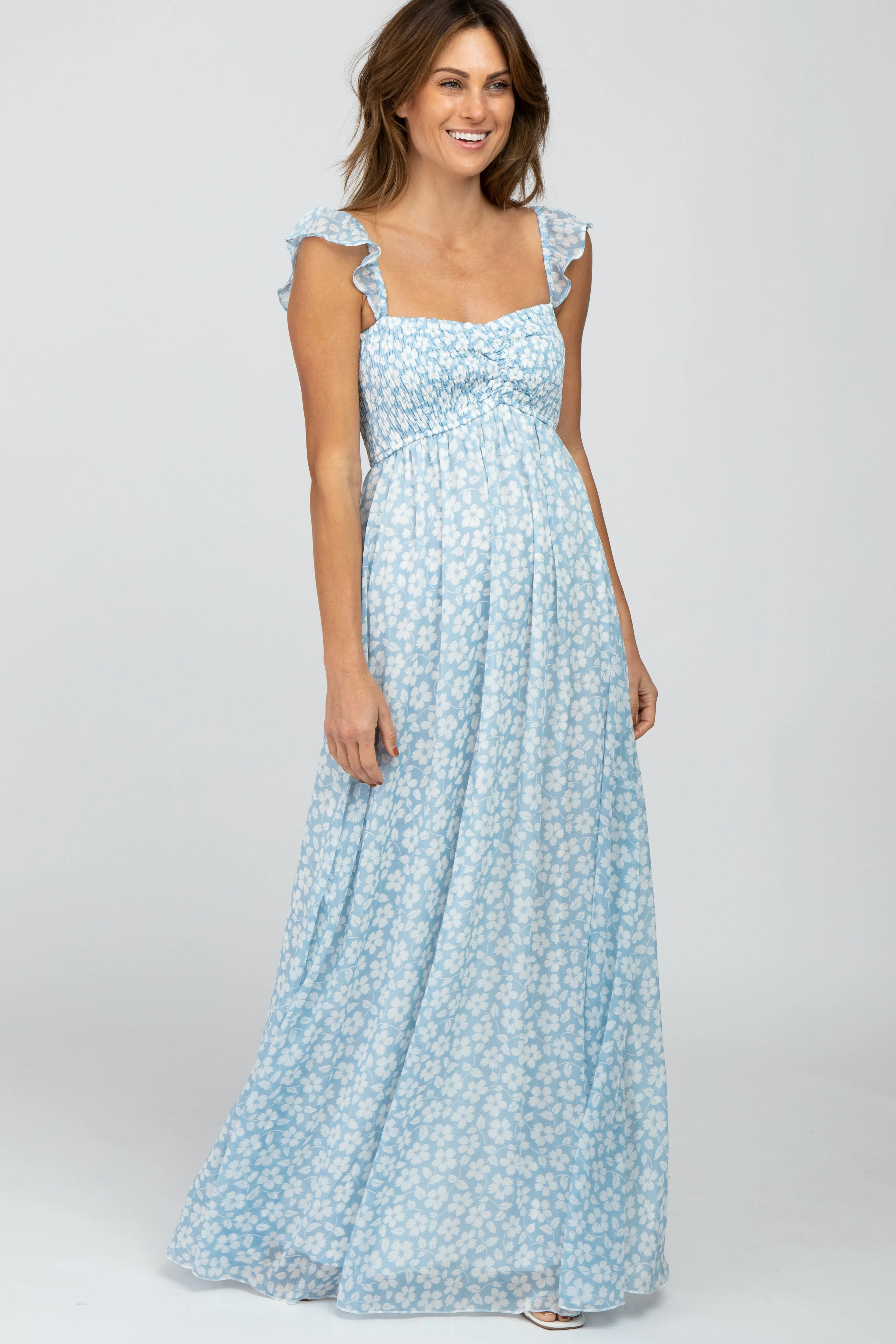 Light Blue Floral Chiffon Sweetheart Neck Off Shoulder Maternity Maxi Dress sold by Pinkblush product image thumbnail 4