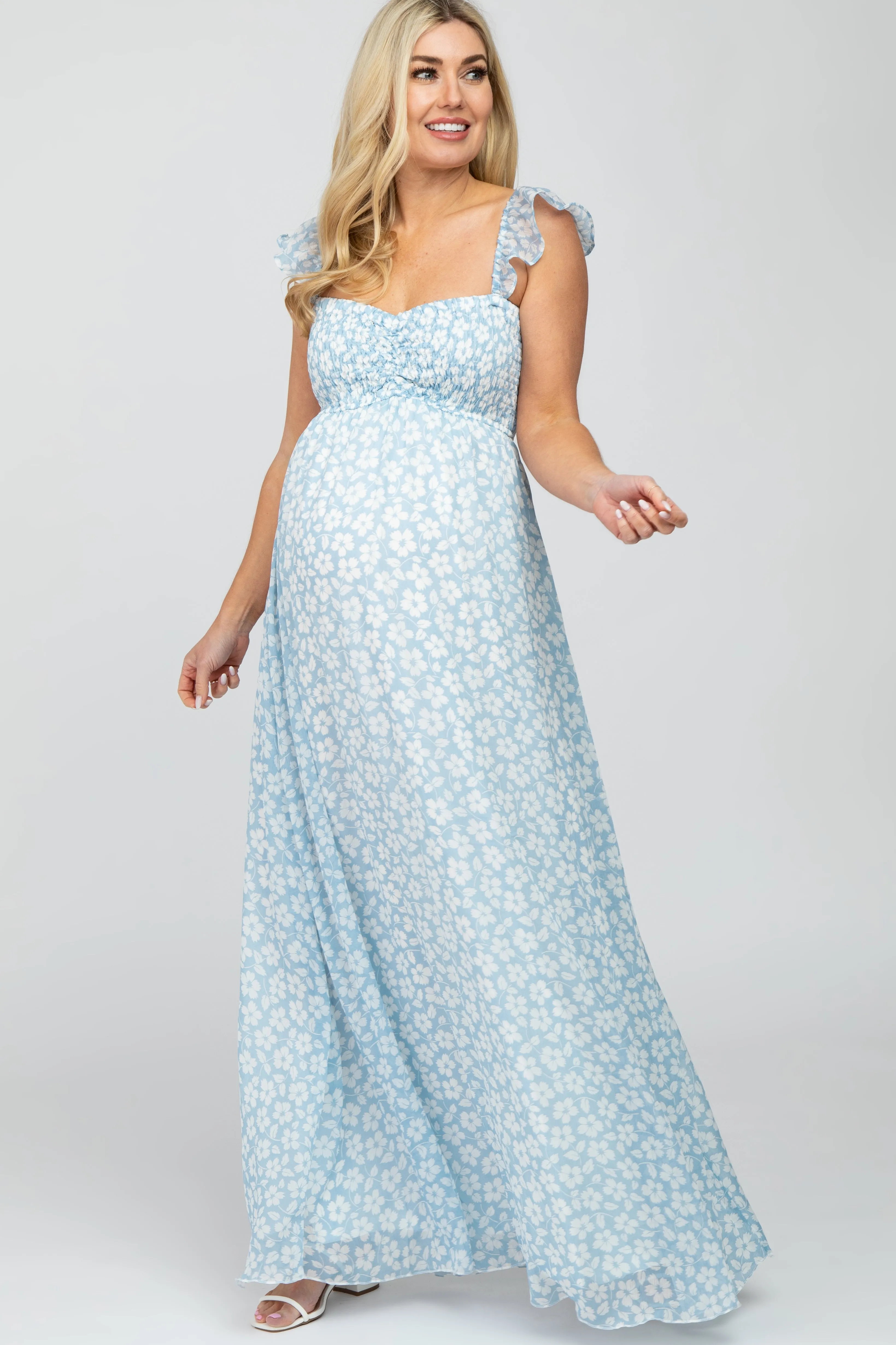 Light Blue Floral Chiffon Sweetheart Neck Off Shoulder Maternity Maxi Dress sold by Pinkblush