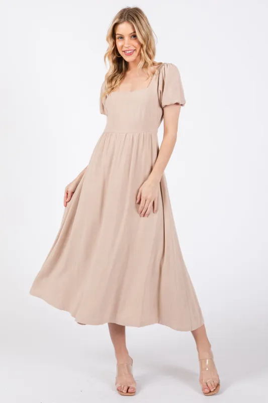 Taupe Puff Sleeve Linen Midi Dress sold by Pinkblush