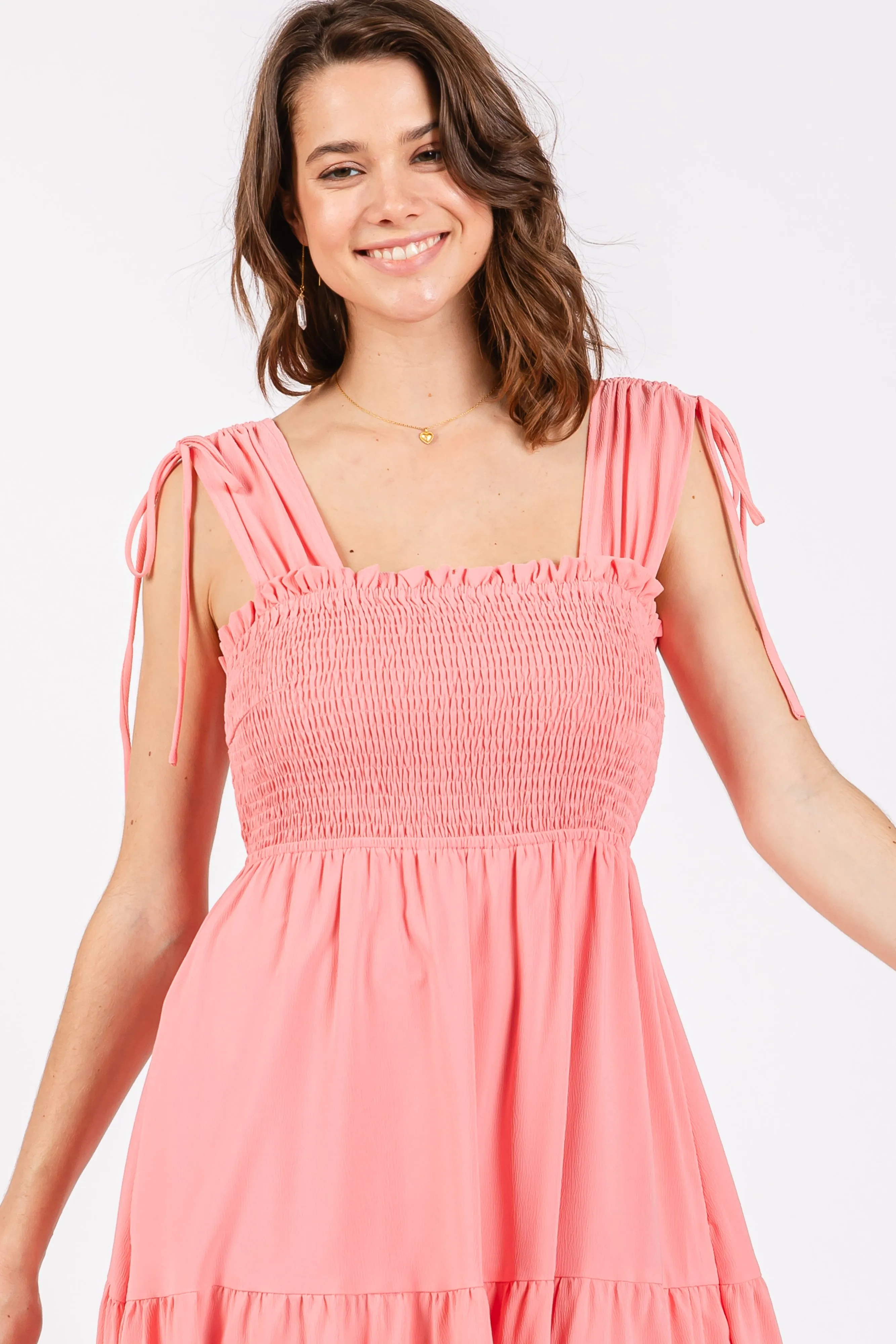 Coral Smocked Sleeveless Drawstring Shoulder Tiered Midi Dress sold by Pinkblush product image thumbnail 5