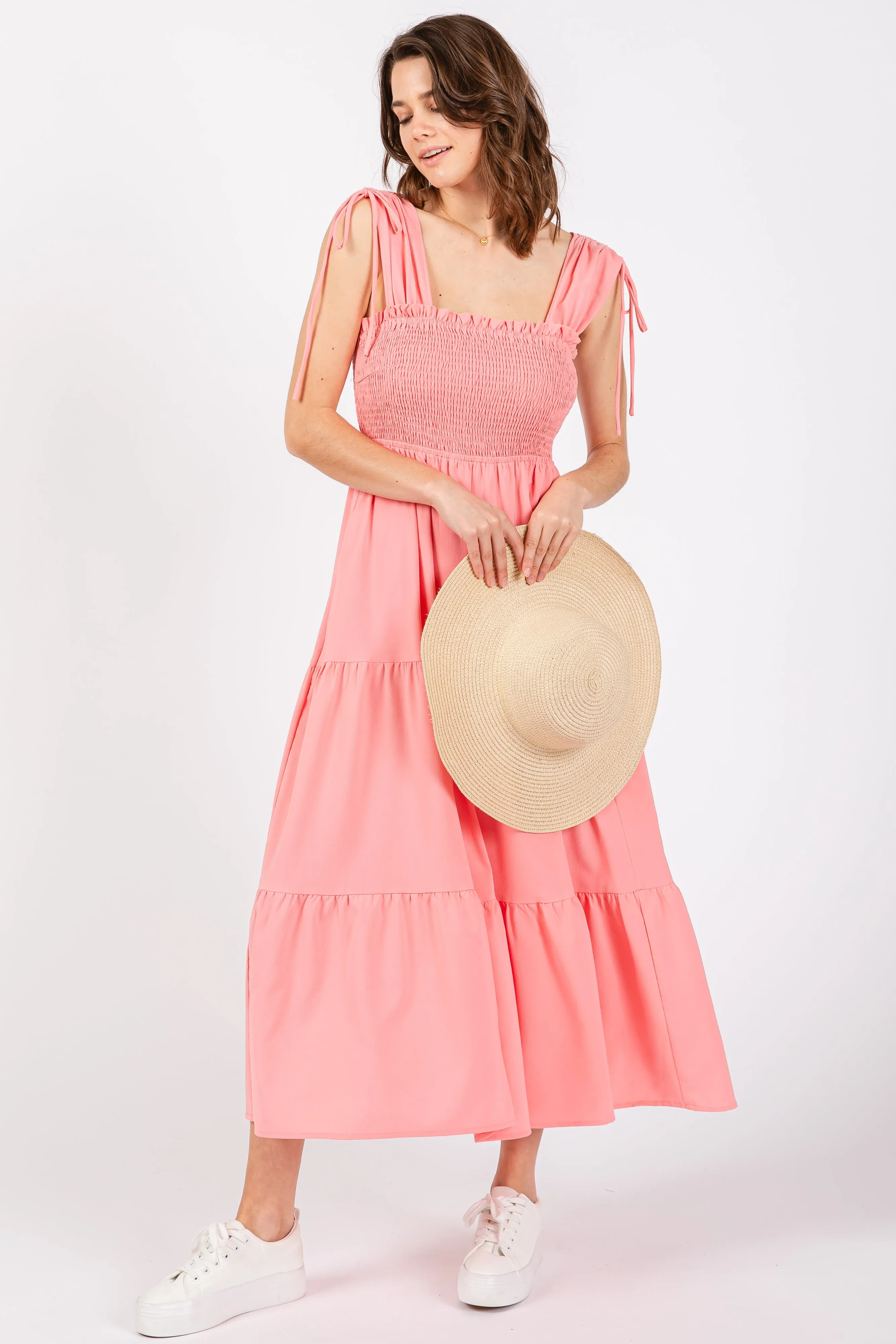 Coral Smocked Sleeveless Drawstring Shoulder Tiered Midi Dress sold by Pinkblush product image thumbnail 2