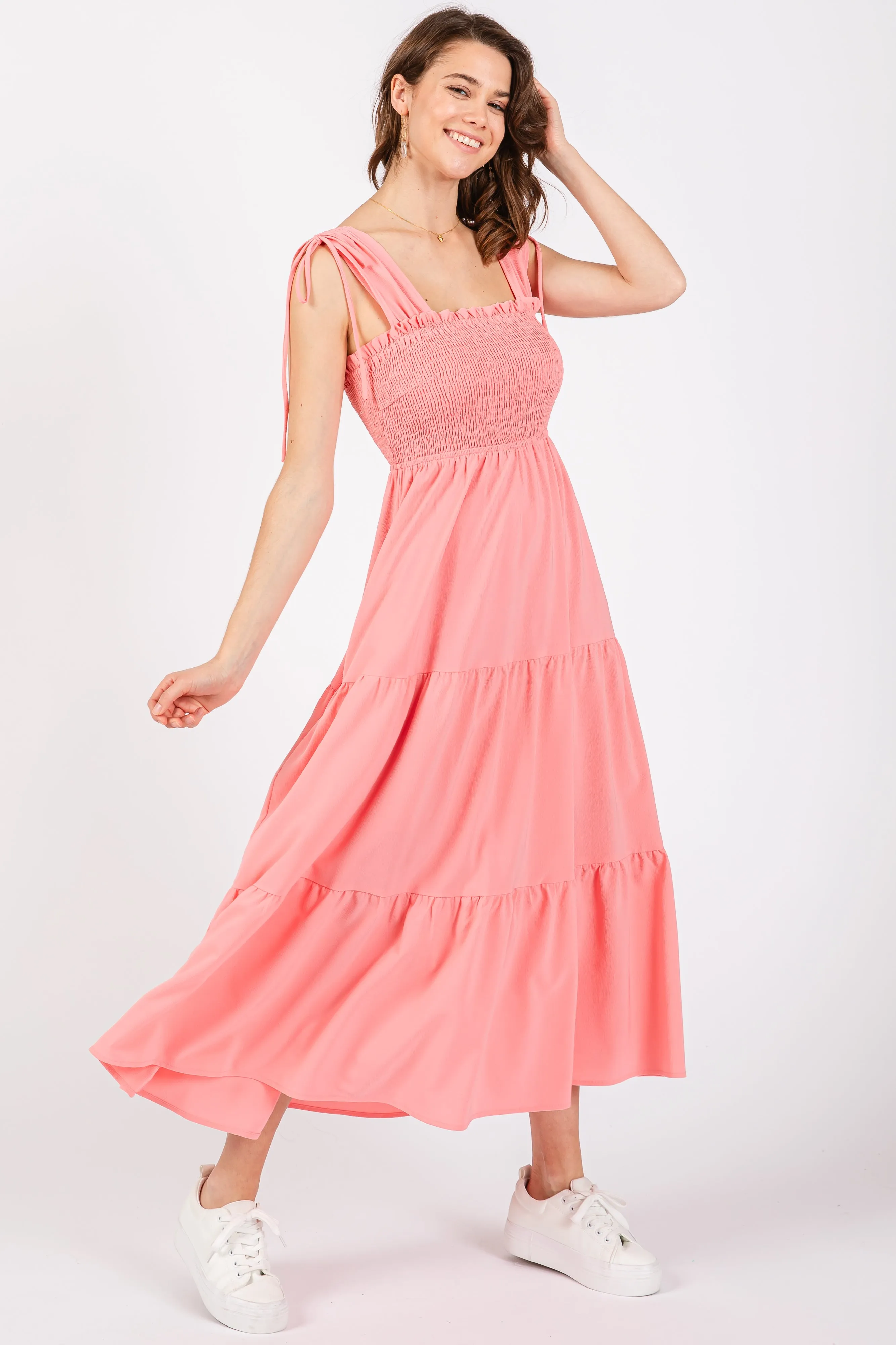 Coral Smocked Sleeveless Drawstring Shoulder Tiered Midi Dress sold by Pinkblush product image thumbnail 3