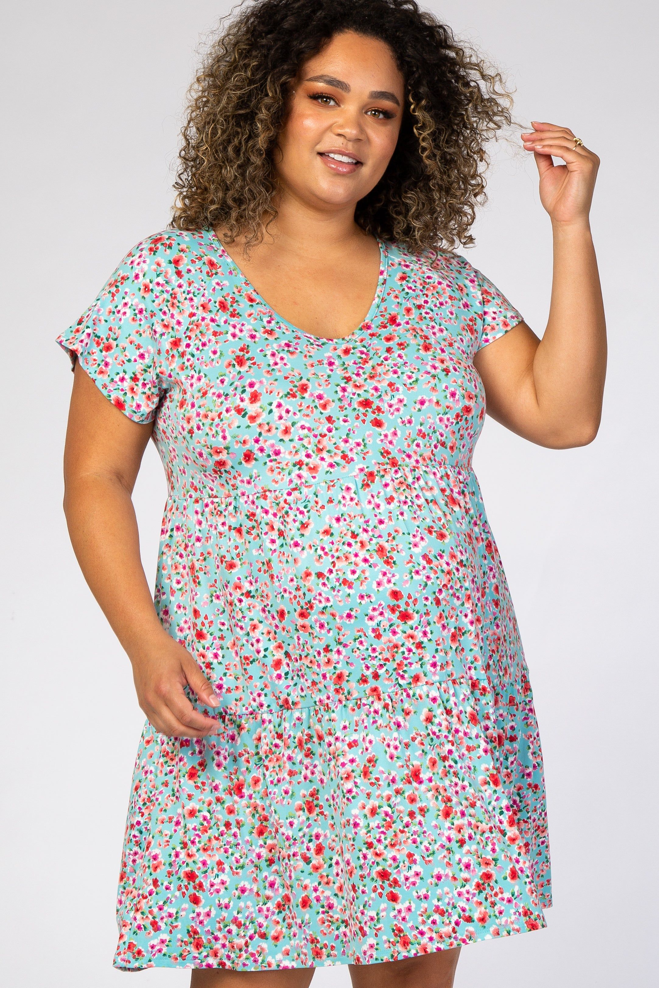 Aqua Floral Pleated Tier Babydoll Maternity Plus Dress sold by Pinkblush product image thumbnail 4