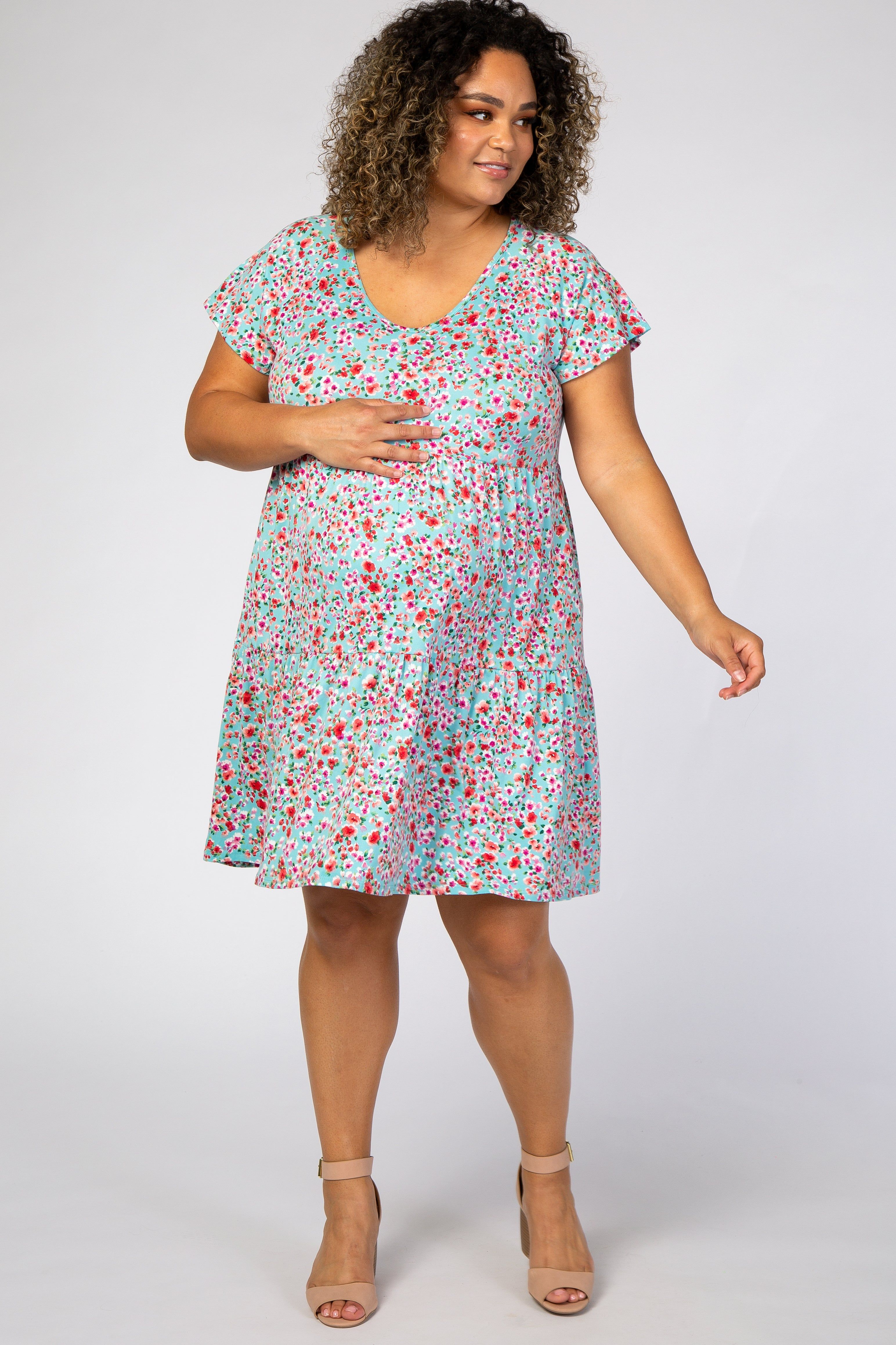 Aqua Floral Pleated Tier Babydoll Maternity Plus Dress sold by Pinkblush