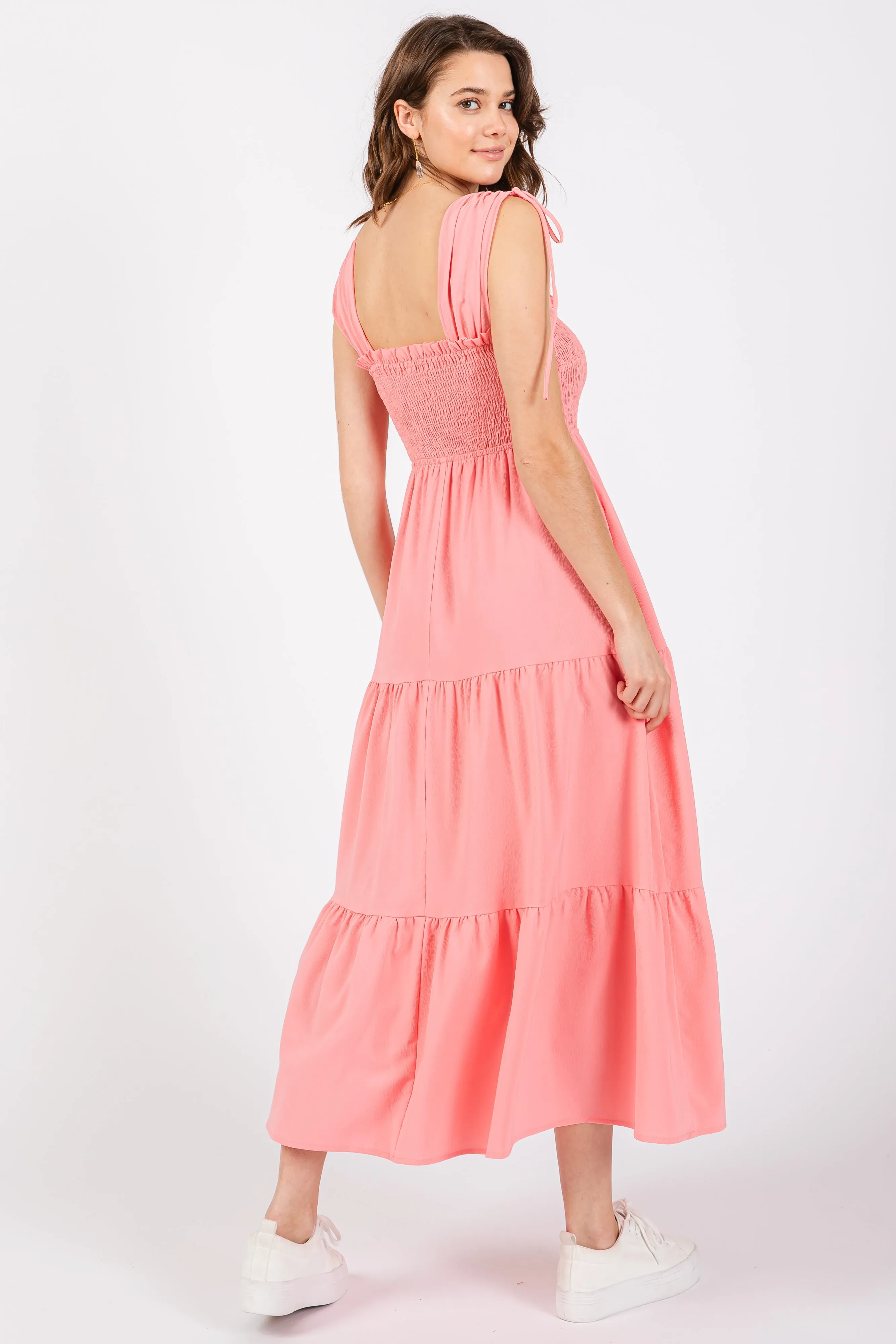 Coral Smocked Sleeveless Drawstring Shoulder Tiered Midi Dress sold by Pinkblush product image thumbnail 4