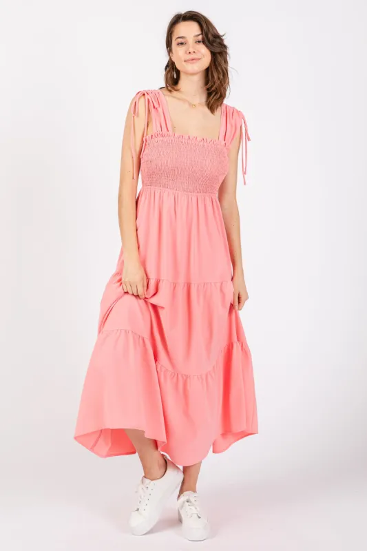 Coral Smocked Sleeveless Drawstring Shoulder Tiered Midi Dress sold by Pinkblush