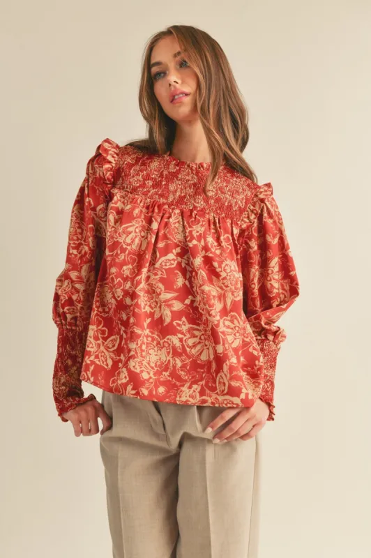 Burgundy Cream Floral Ruffled Smocked Yoke Blouse sold by Pinkblush
