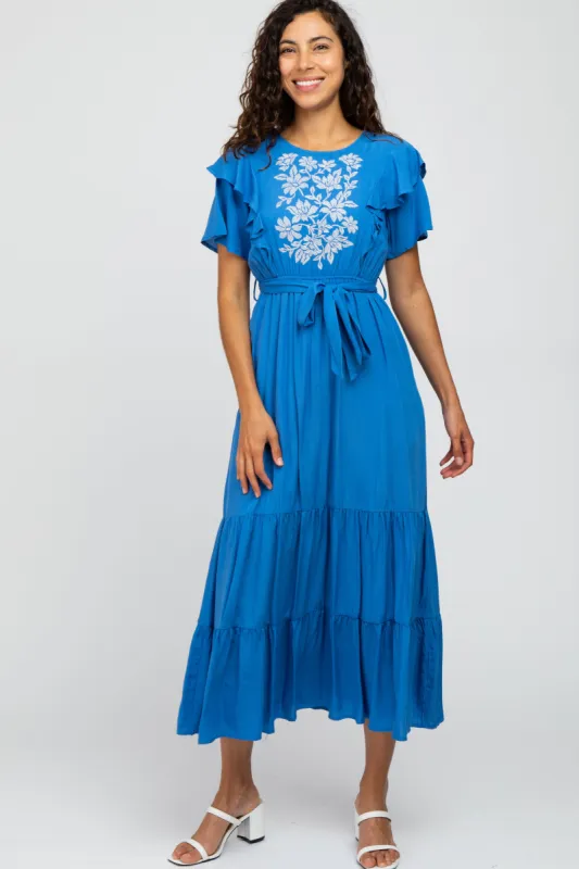 Blue Floral Embroidered Maxi Dress sold by Pinkblush