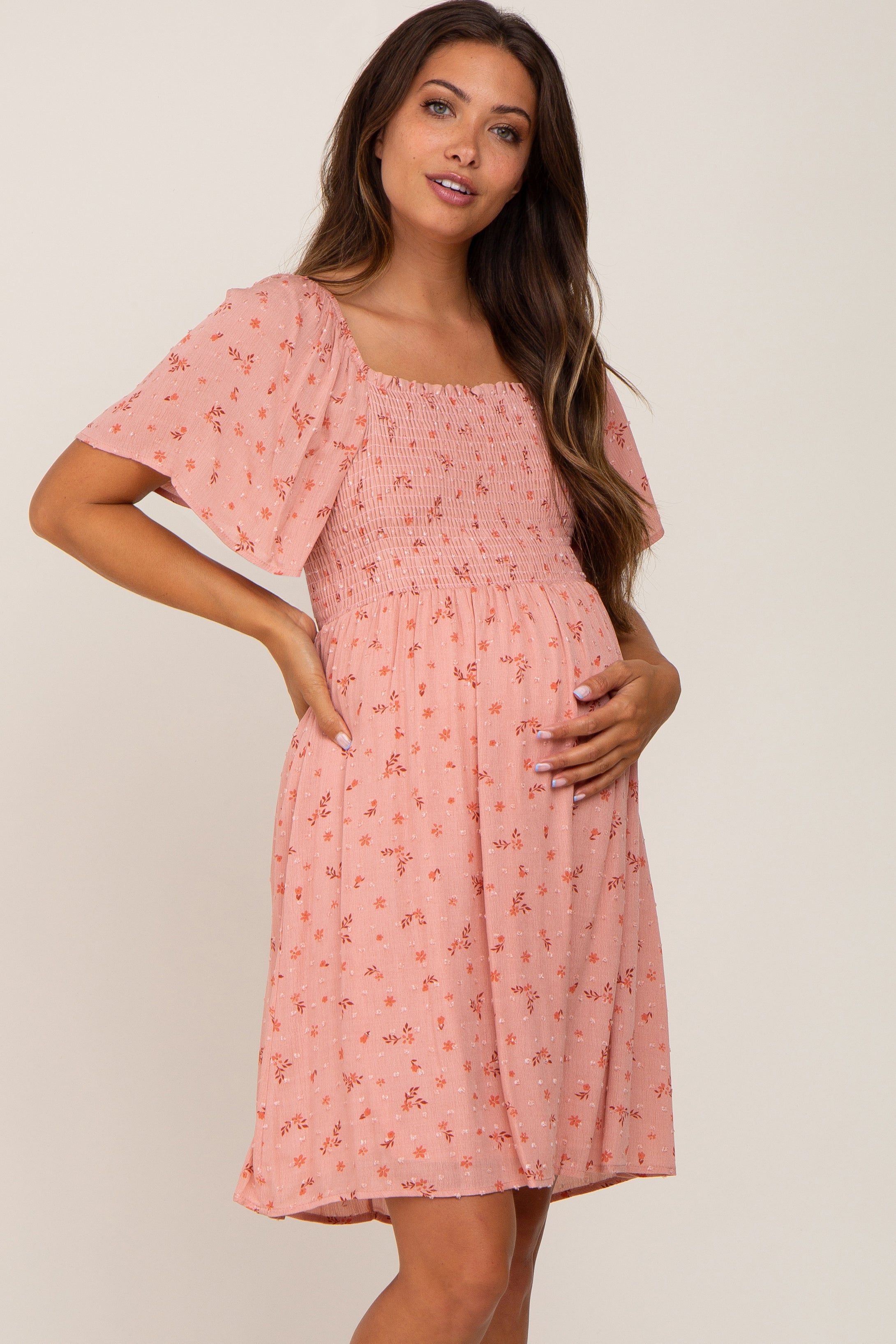 Pink Floral Smocked Maternity Dress sold by Pinkblush product image thumbnail 3