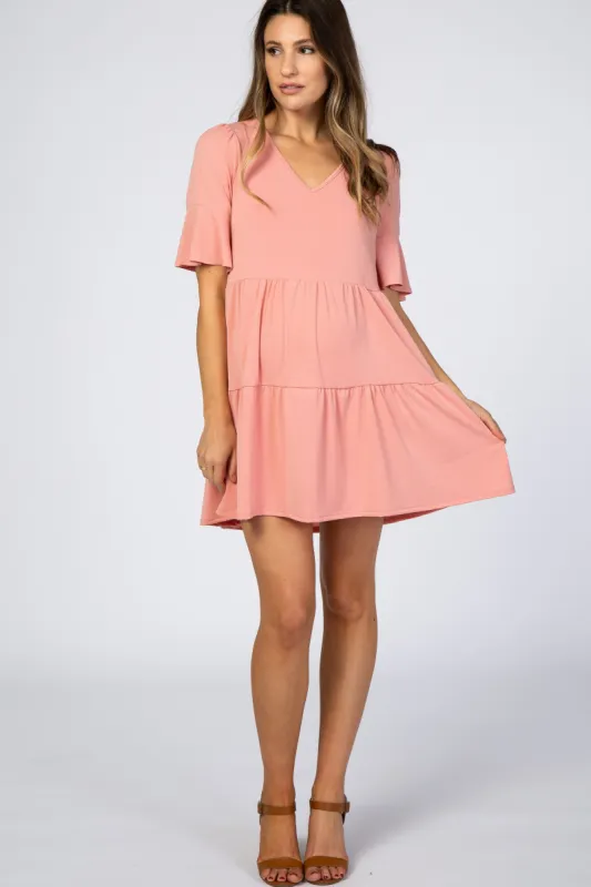 Pink Tiered Ruffle Sleeve Maternity Dress sold by Pinkblush
