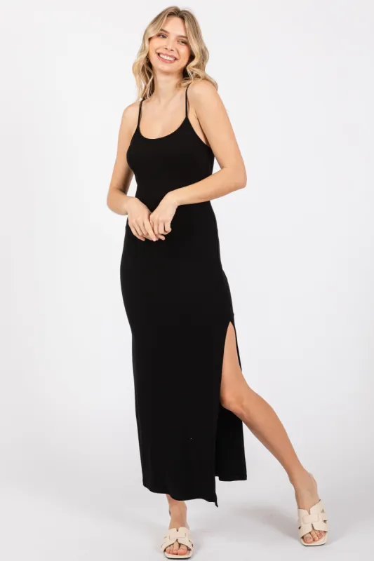 Black Ribbed Sleeveless Side Slit Dress sold by Pinkblush