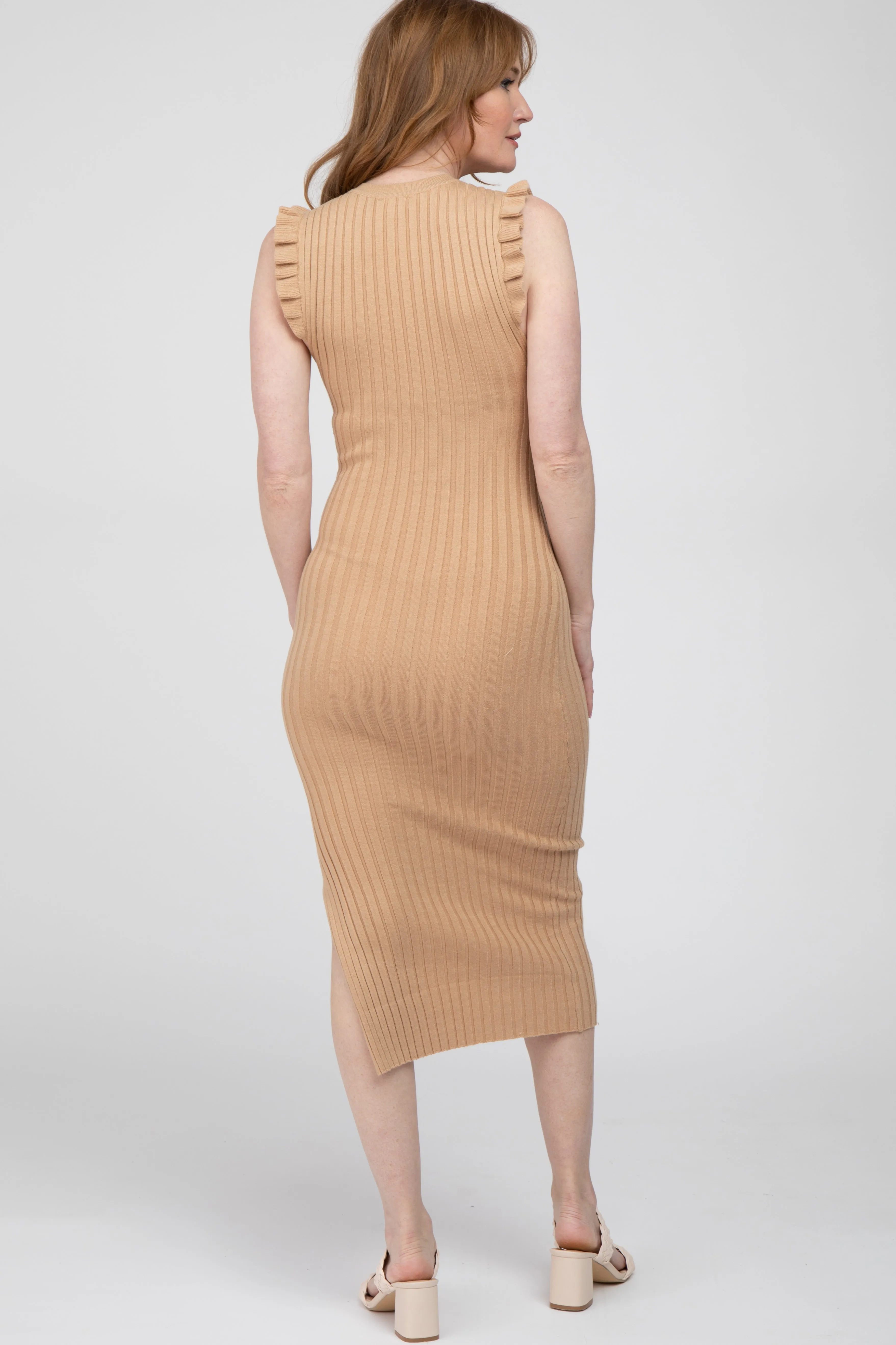 Camel Ribbed Flutter Accent Midi Dress sold by Pinkblush product image thumbnail 3
