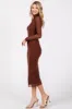 Brown Mesh Overlay Fitted Midi Dress sold by Pinkblush