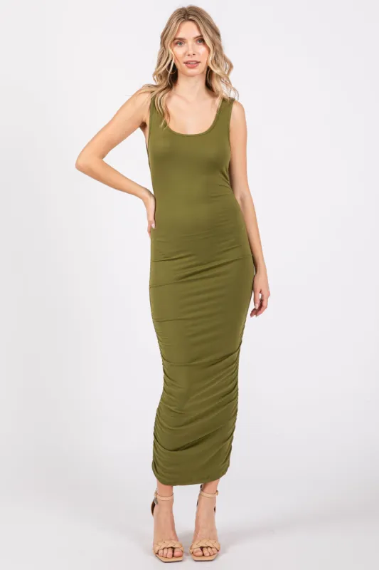 Olive Ruched V-Back Midi Dress sold by Pinkblush