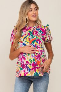 Multi-Color Ruffle Mock Neck Short Sleeve Maternity Blouse sold by Pinkblush
