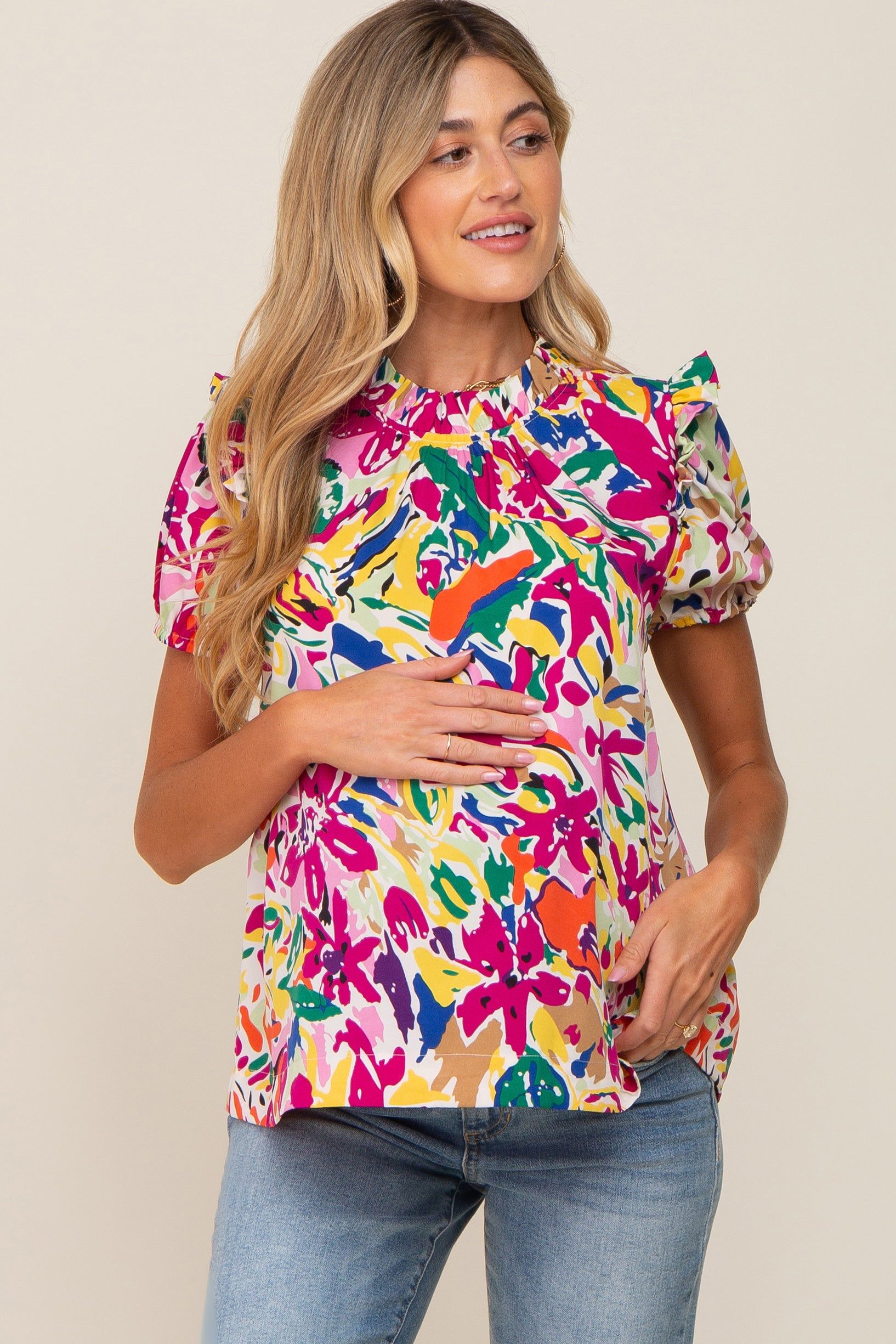 Multi-Color Ruffle Mock Neck Short Sleeve Maternity Blouse sold by Pinkblush
