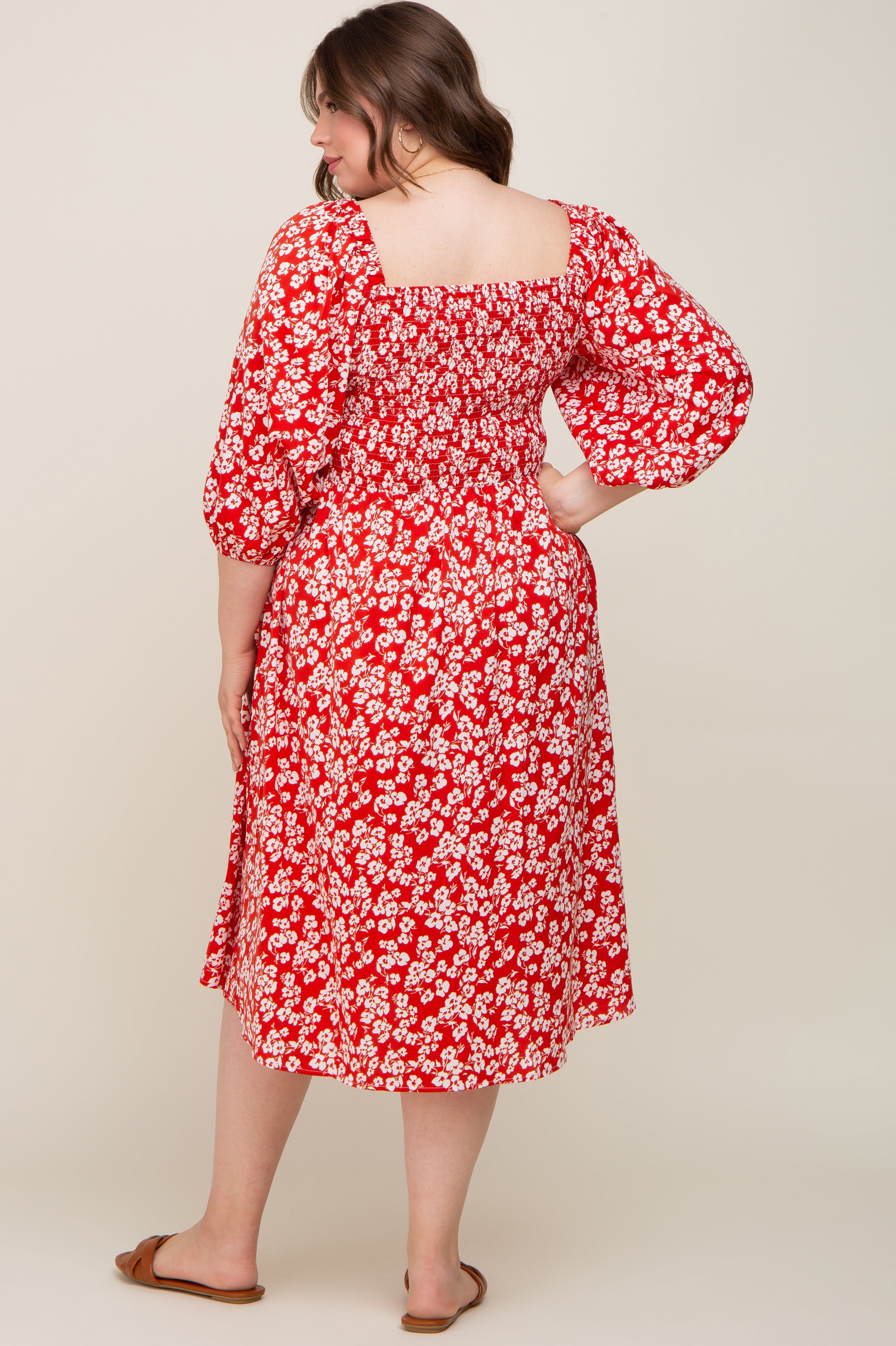 Red Floral Square Neck Smocked Short Sleeve Maternity Plus Midi Dress sold by Pinkblush product image thumbnail 3