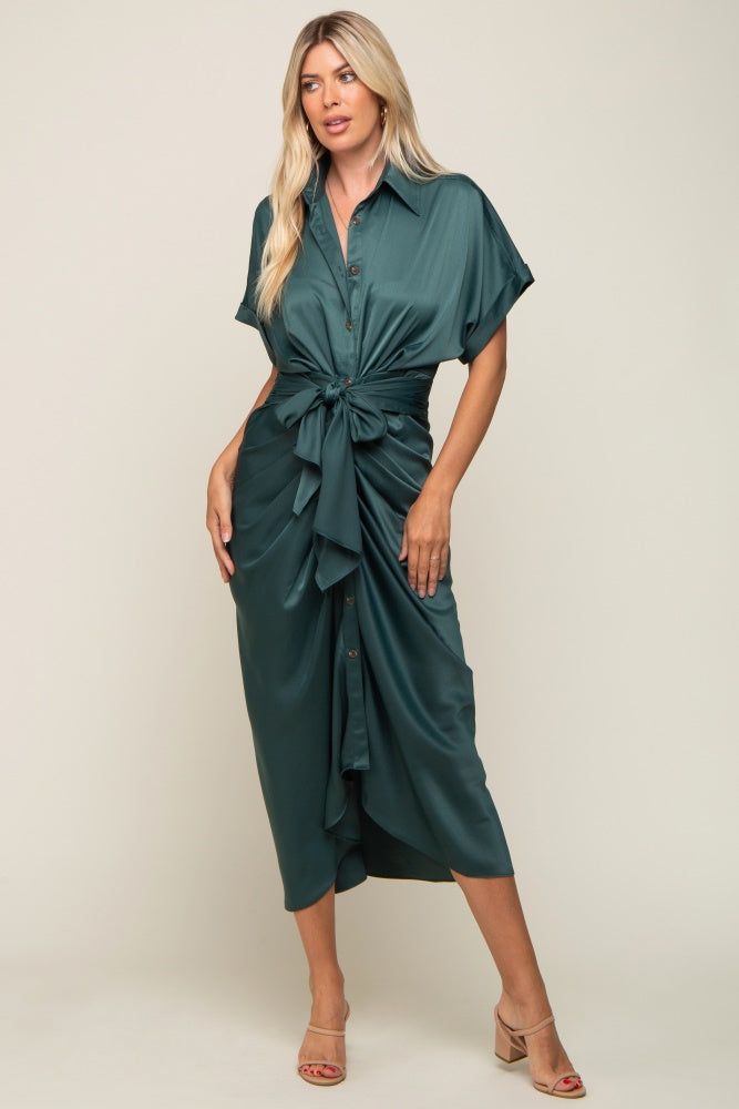 Green Satin Button Down Gathered Midi Dress sold by Pinkblush product image thumbnail 4