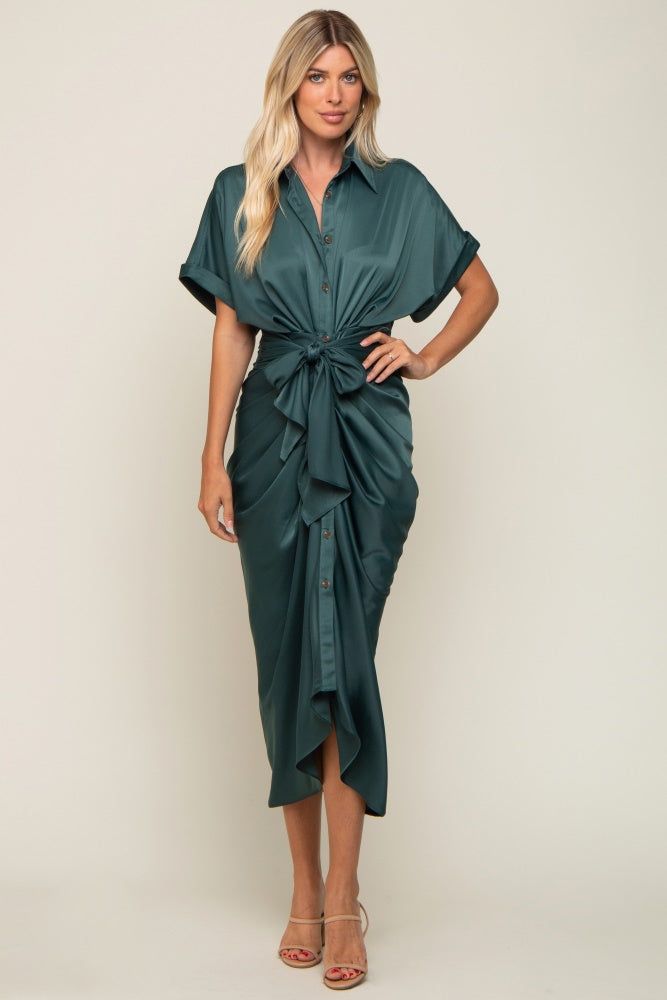 Green Satin Button Down Gathered Midi Dress sold by Pinkblush