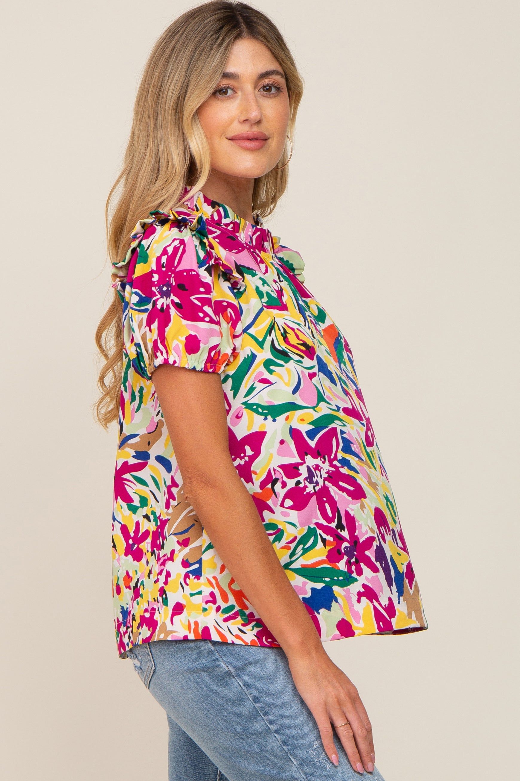 Multi-Color Ruffle Mock Neck Short Sleeve Maternity Blouse sold by Pinkblush product image thumbnail 2