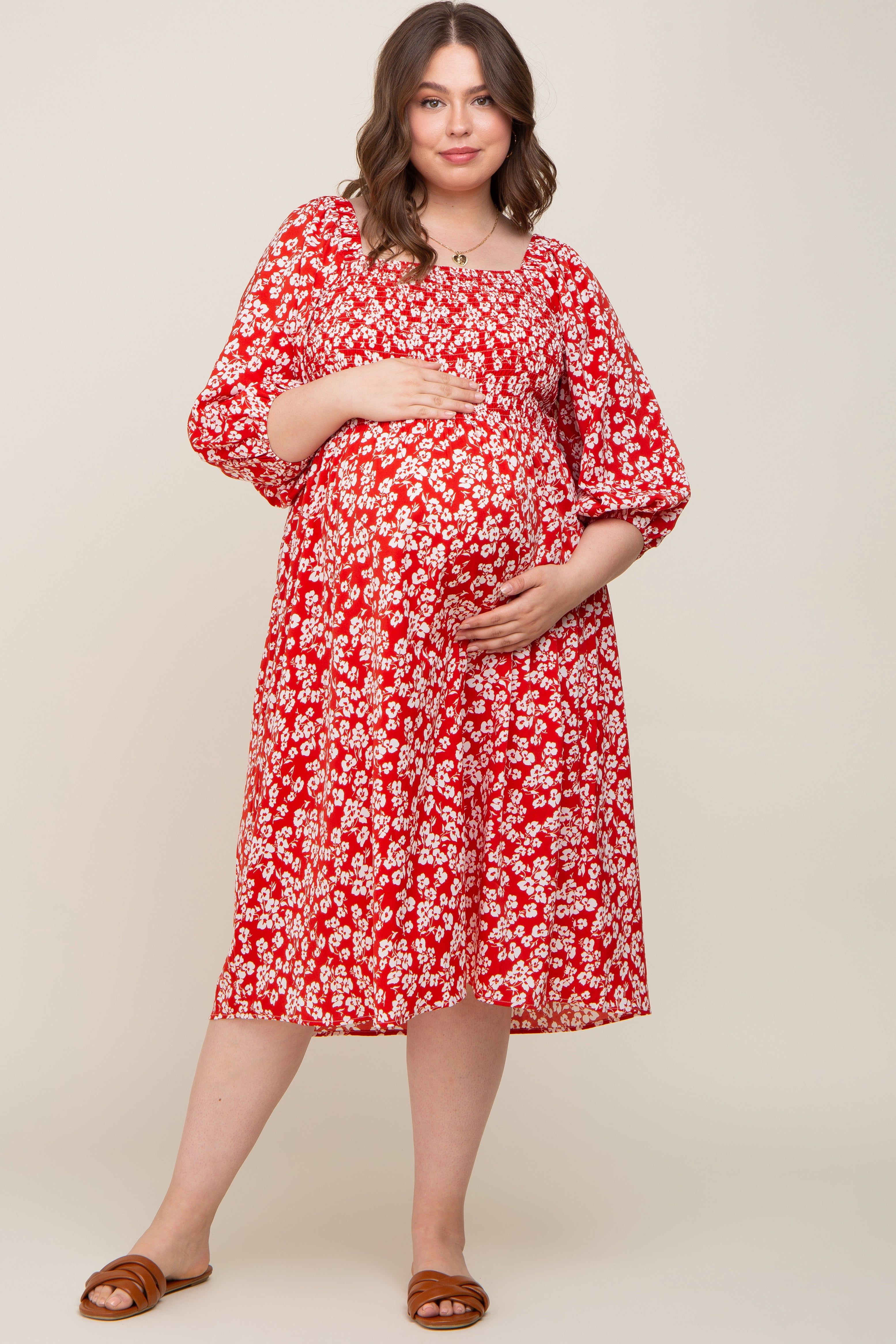 Red Floral Square Neck Smocked Short Sleeve Maternity Plus Midi Dress sold by Pinkblush product image thumbnail 4