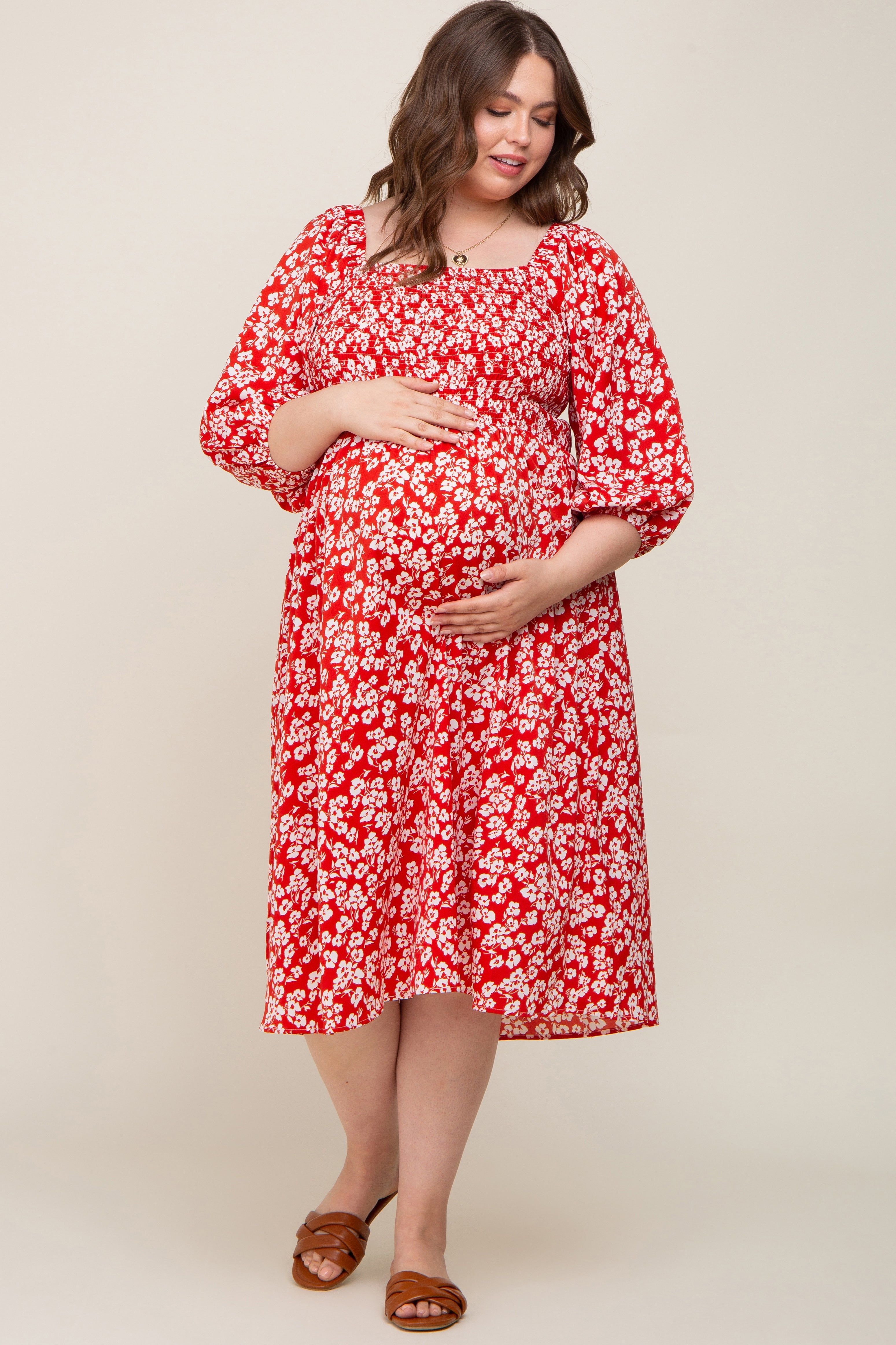 Red Floral Square Neck Smocked Short Sleeve Maternity Plus Midi Dress sold by Pinkblush