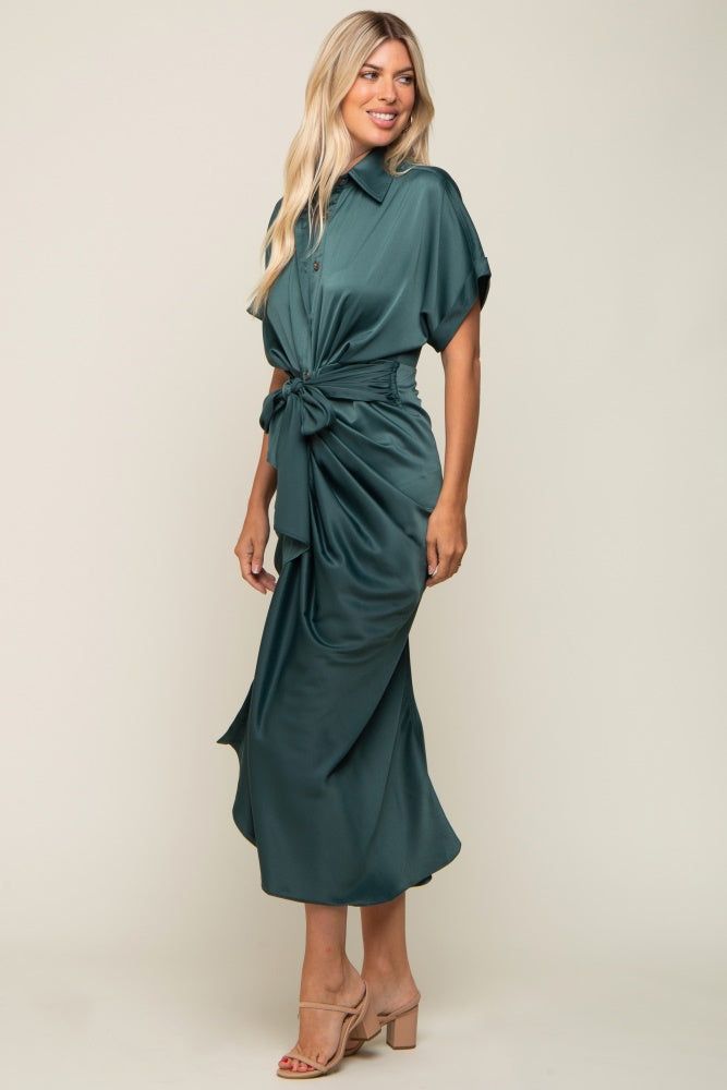 Green Satin Button Down Gathered Midi Dress sold by Pinkblush product image thumbnail 2