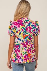 Multi-Color Ruffle Mock Neck Short Sleeve Maternity Blouse sold by Pinkblush
