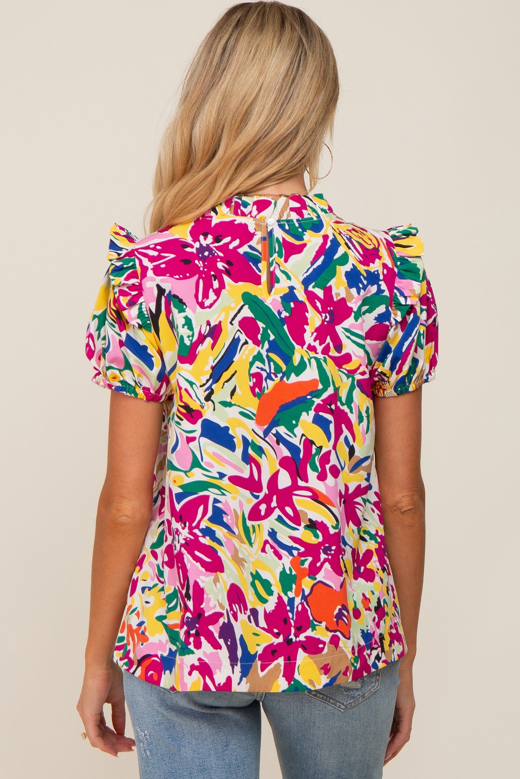 Multi-Color Ruffle Mock Neck Short Sleeve Maternity Blouse sold by Pinkblush product image thumbnail 3