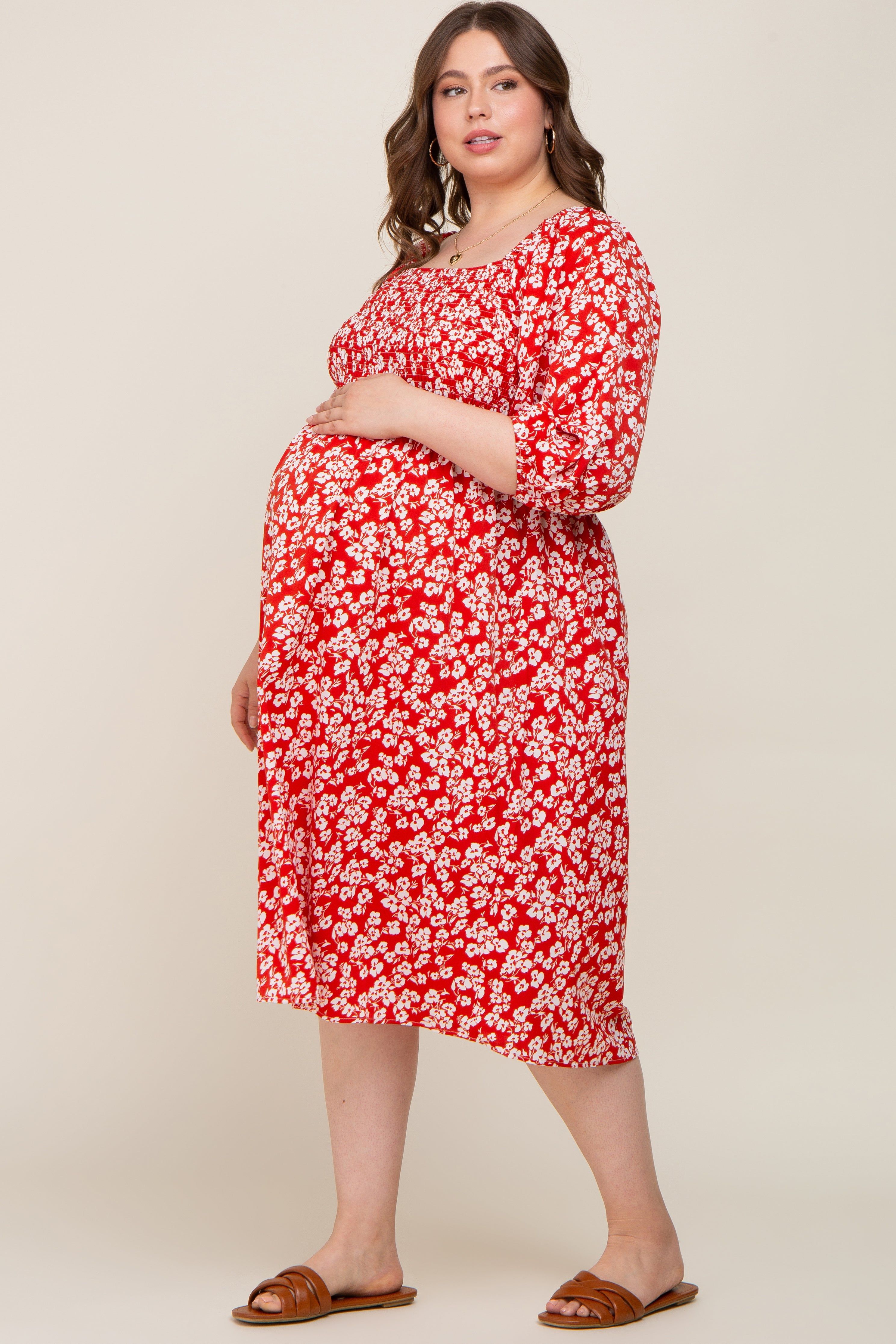 Red Floral Square Neck Smocked Short Sleeve Maternity Plus Midi Dress sold by Pinkblush product image thumbnail 2