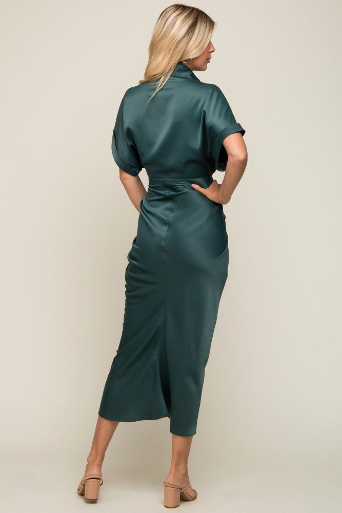 Green Satin Button Down Gathered Midi Dress sold by Pinkblush product image thumbnail 3