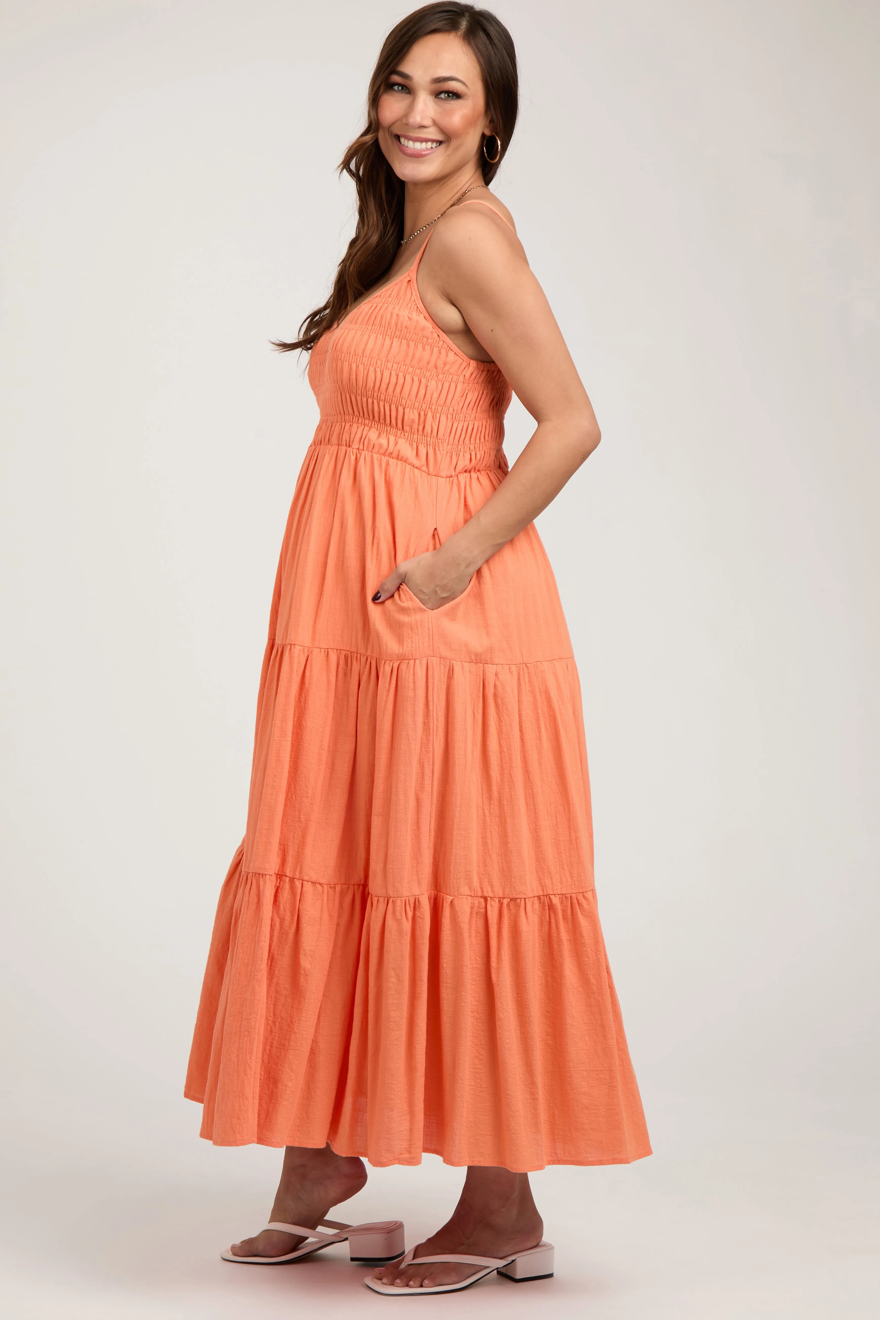 Orange Smocked V-Neck Sleeveless Tiered Maternity Midi Dress sold by Pinkblush product image thumbnail 3