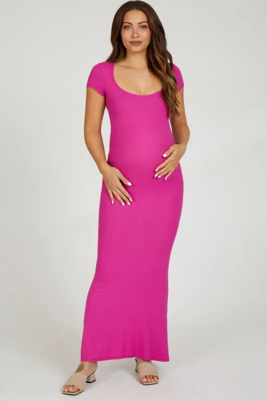 Fuchsia Ribbed Scoop Neck Maternity Maxi Dress sold by Pinkblush