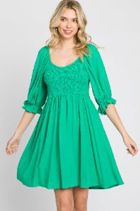Green Smocked Puff Sleeve Dress sold by Pinkblush