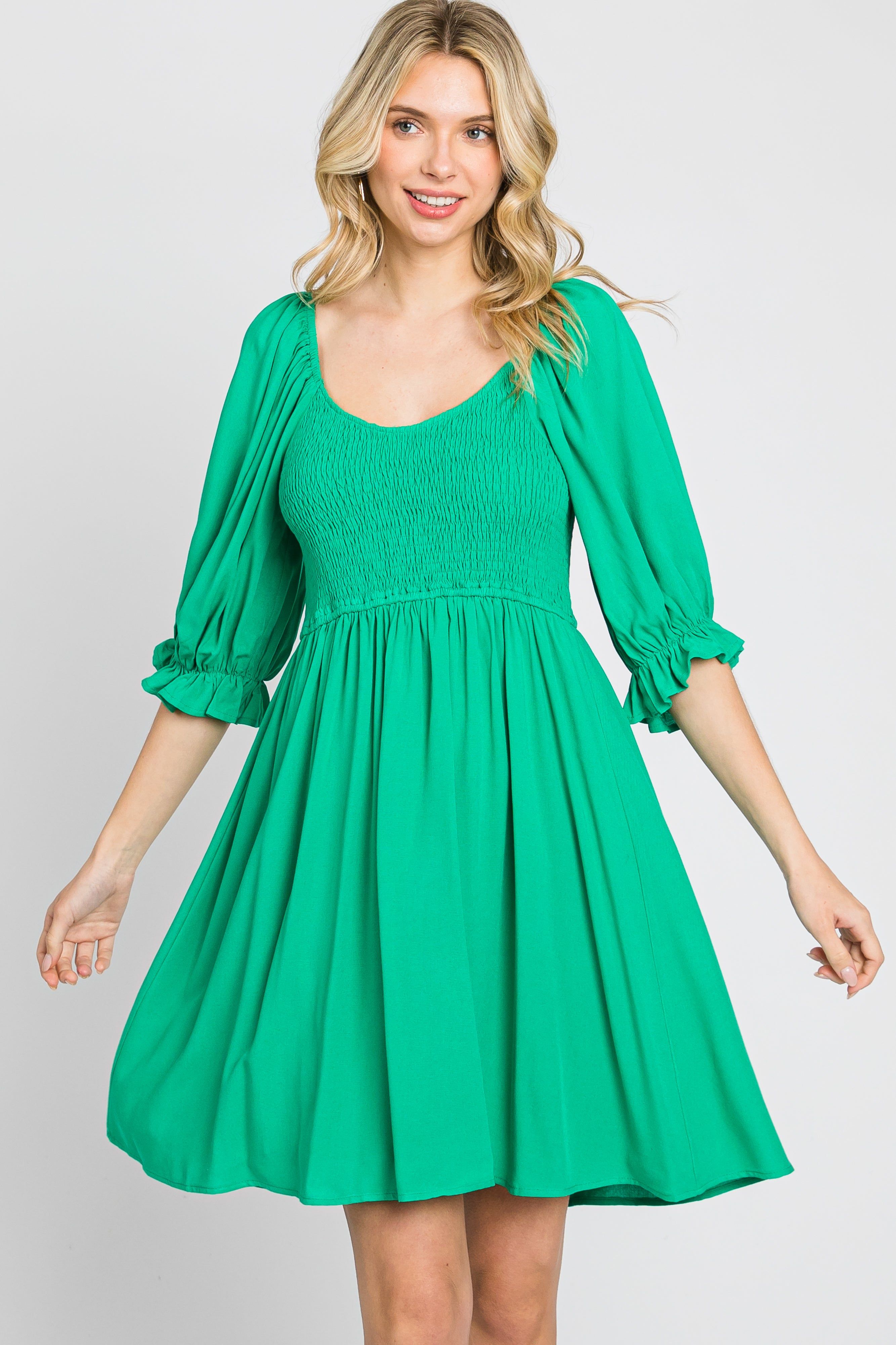Green Smocked Puff Sleeve Dress sold by Pinkblush product image thumbnail 2