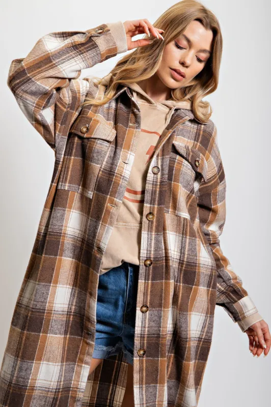 Mocha Plaid Button Front Long Coat sold by Pinkblush