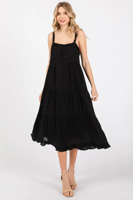 Black Sleeveless Button Tiered Midi Dress sold by Pinkblush