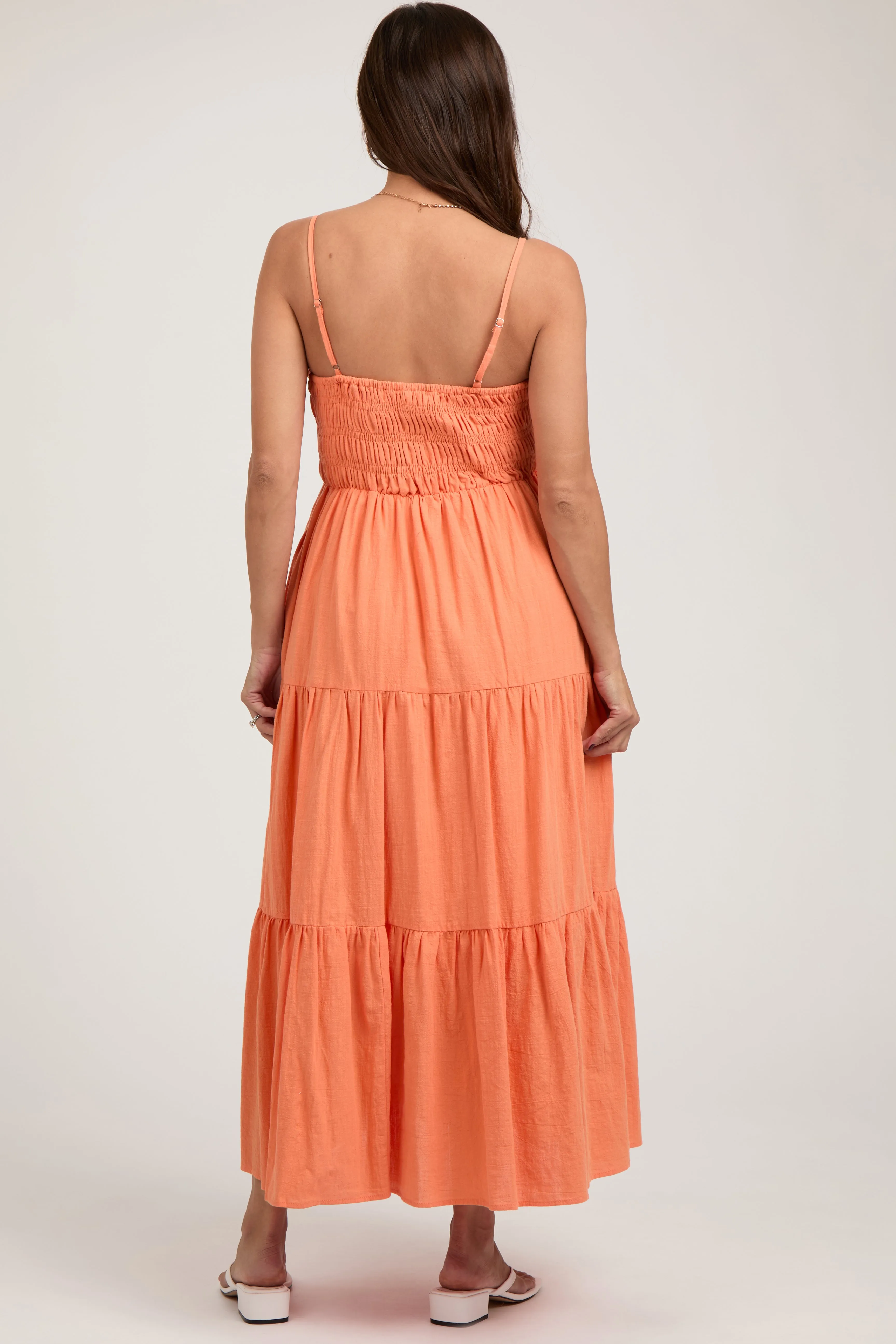 Orange Smocked V-Neck Sleeveless Tiered Maternity Midi Dress sold by Pinkblush product image thumbnail 4
