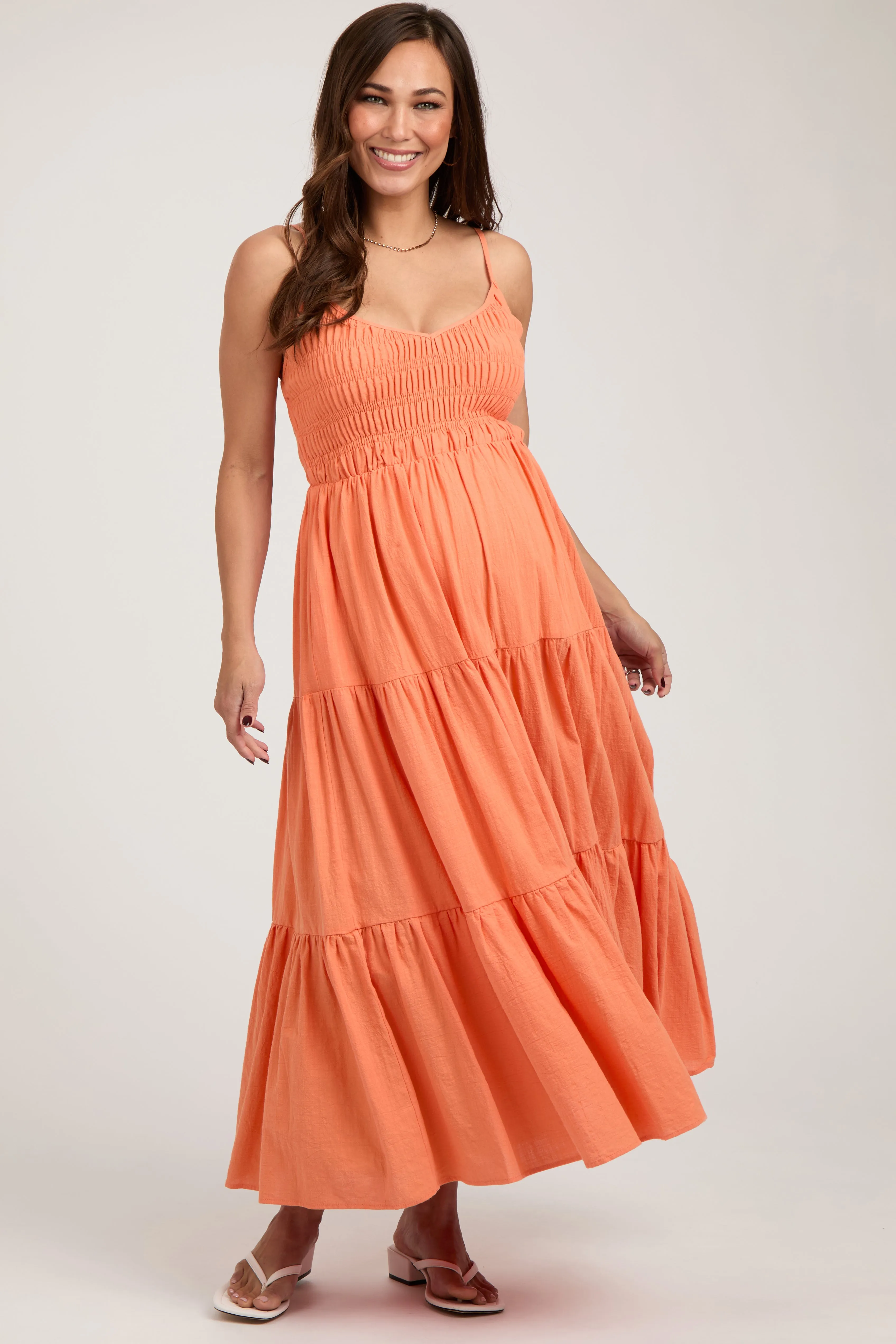 Orange Smocked V-Neck Sleeveless Tiered Maternity Midi Dress sold by Pinkblush
