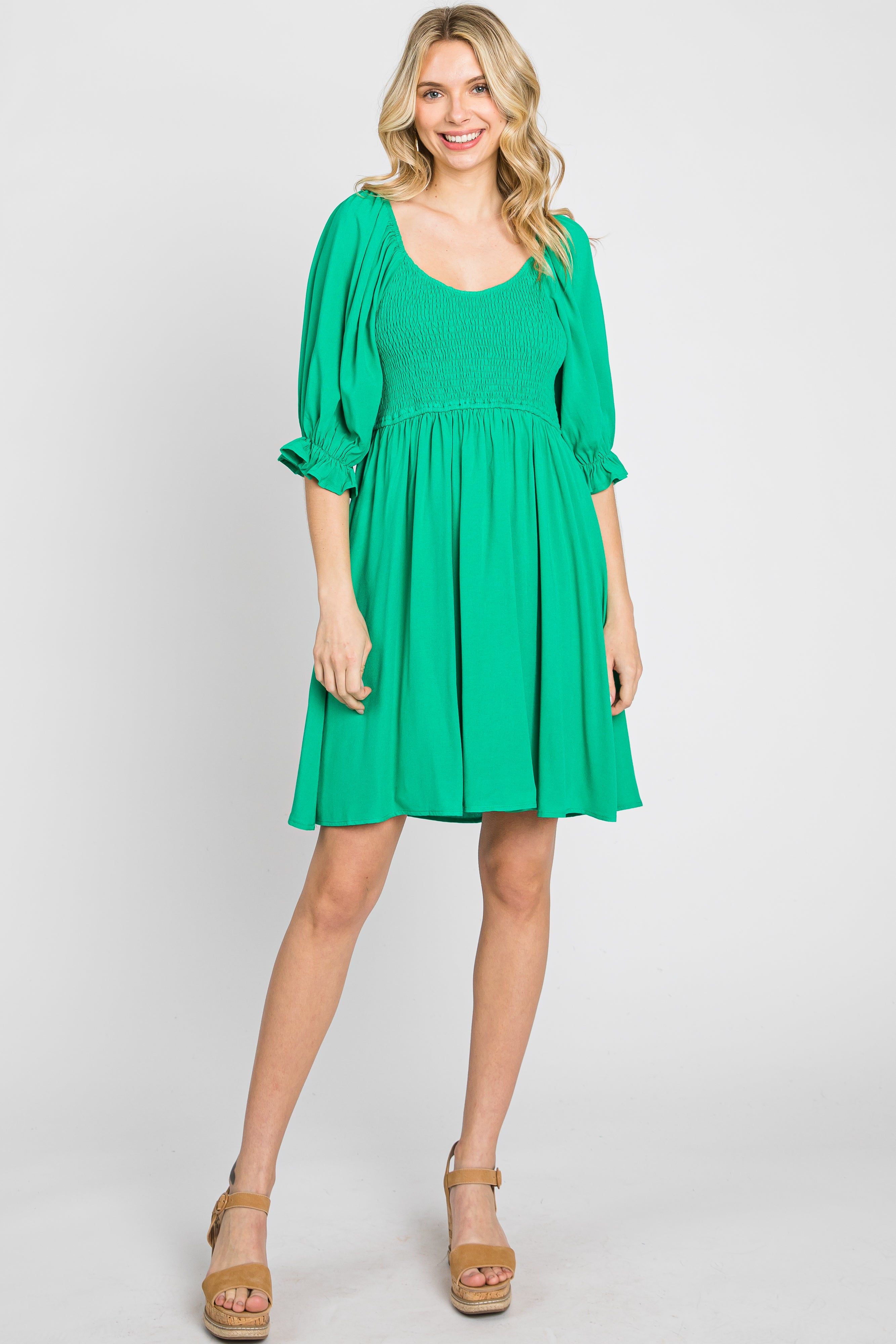 Green Smocked Puff Sleeve Dress sold by Pinkblush product image thumbnail 3