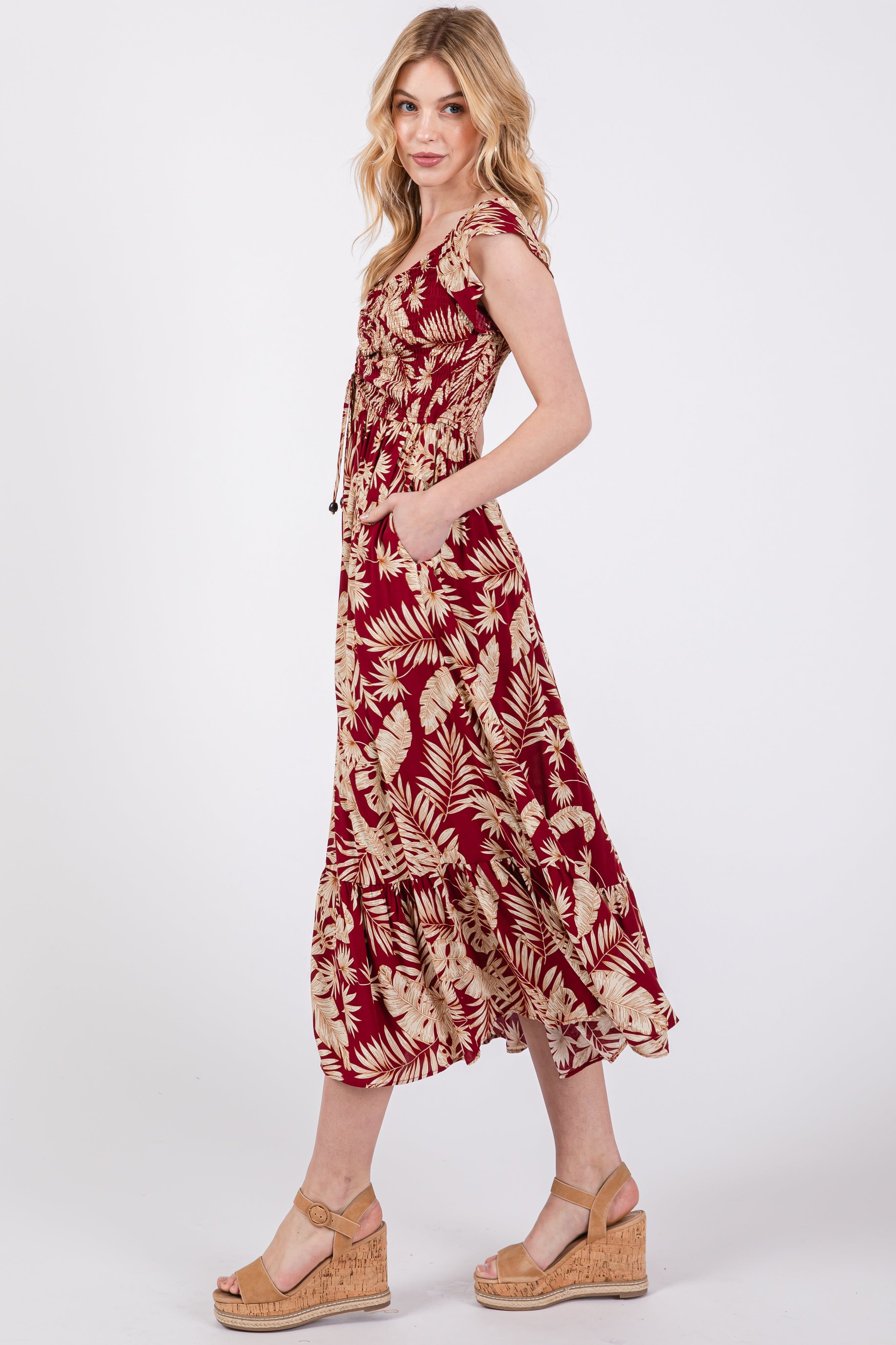 Burgundy Tropical Print Smocked Short Sleeve Maxi Dress sold by Pinkblush product image thumbnail 2