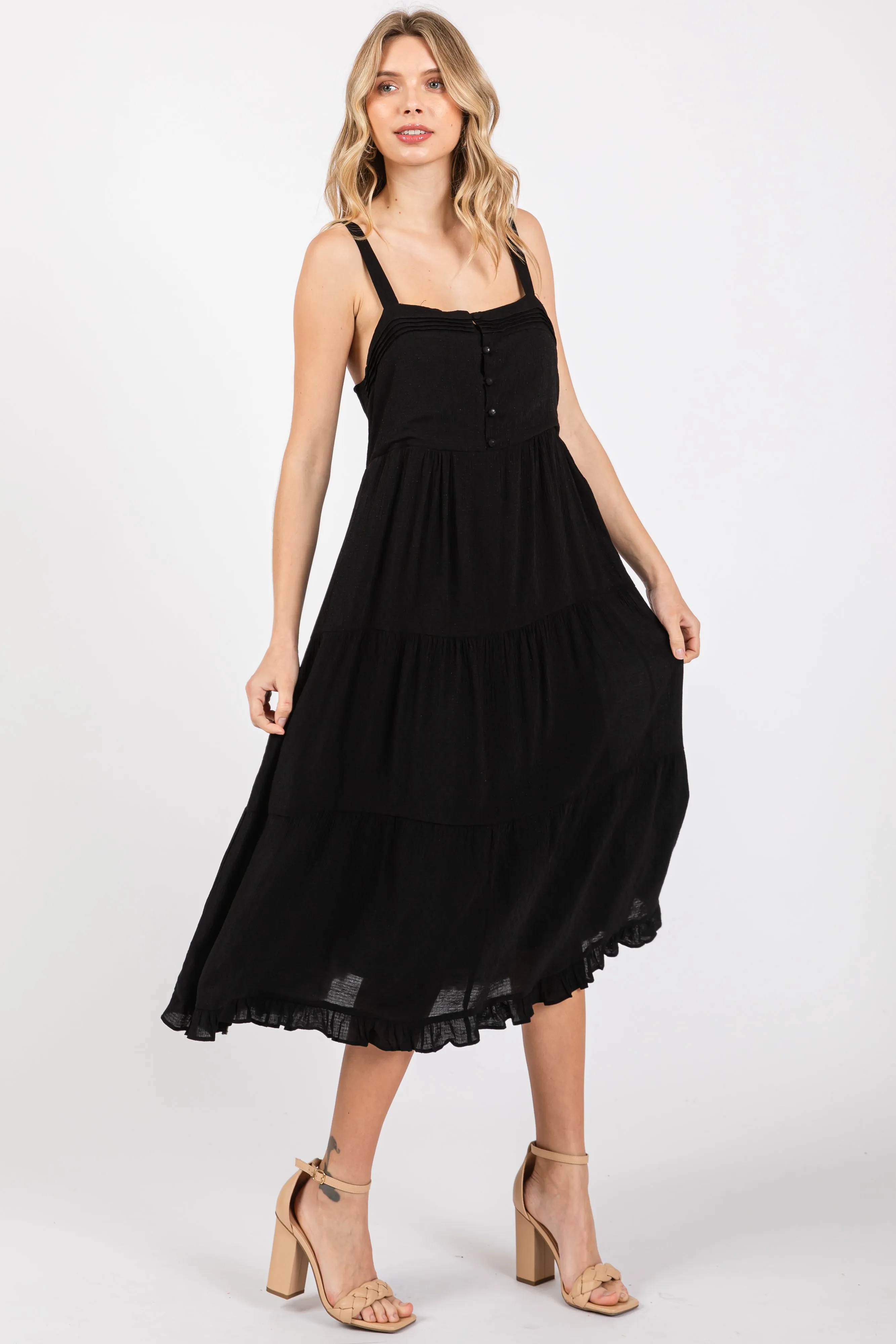 Black Sleeveless Button Tiered Midi Dress sold by Pinkblush product image thumbnail 2