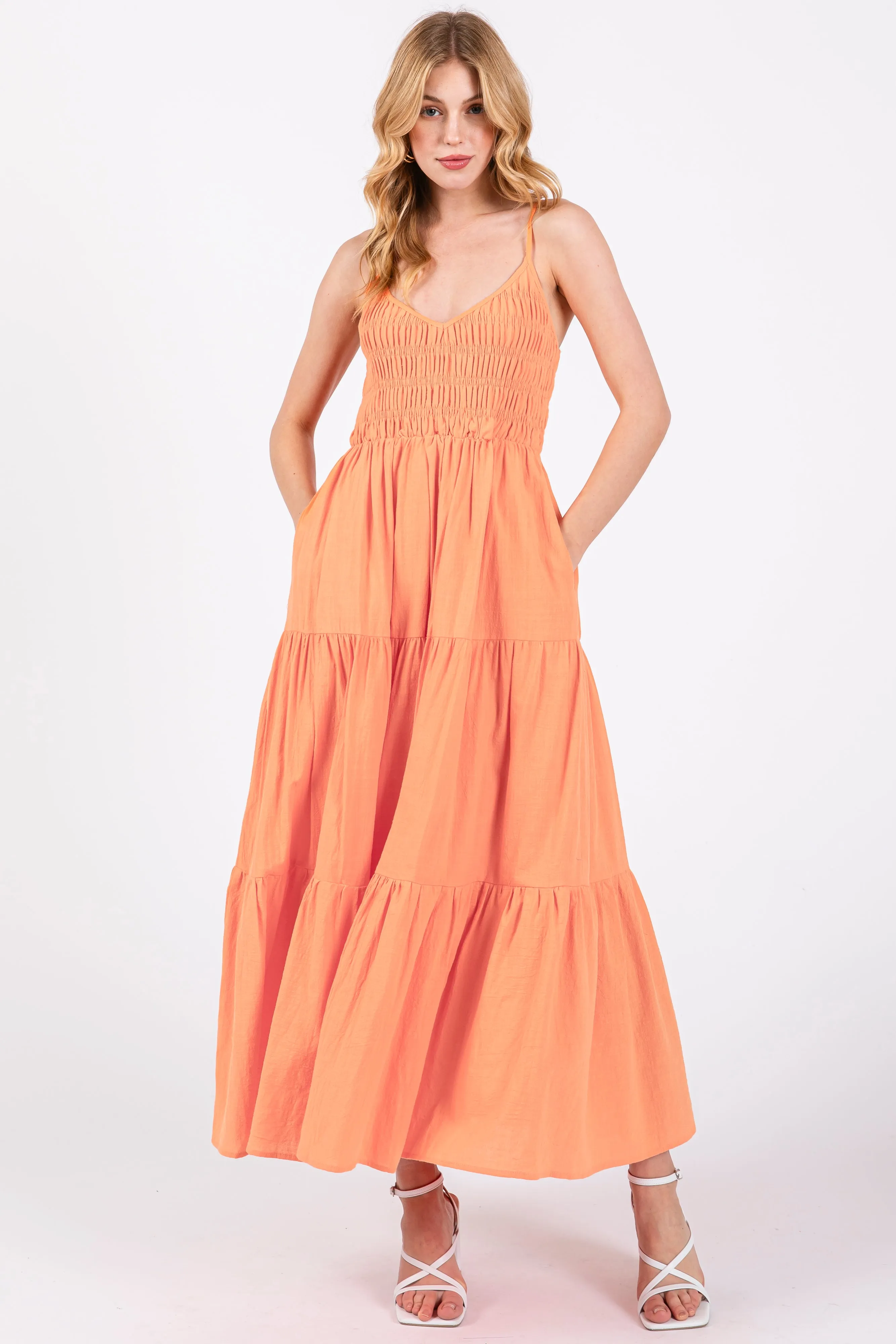 Orange Smocked V-Neck Sleeveless Tiered Maternity Midi Dress sold by Pinkblush product image thumbnail 5