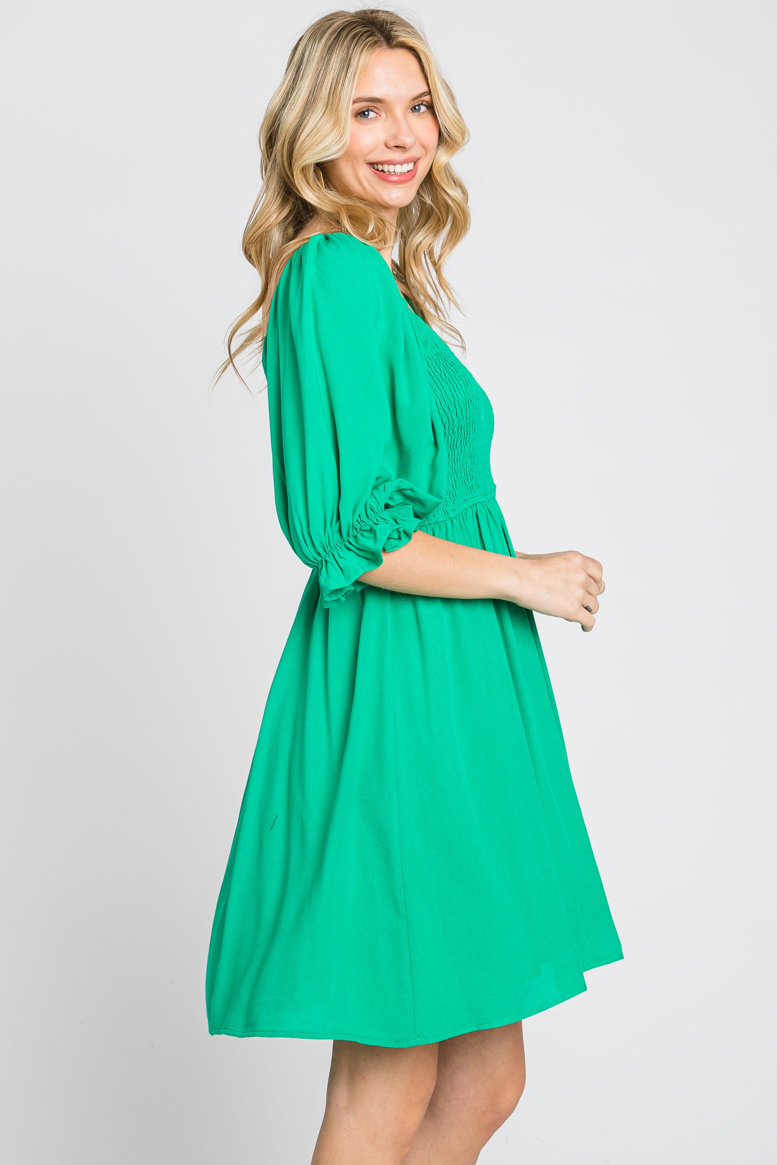 Green Smocked Puff Sleeve Dress sold by Pinkblush product image thumbnail 4