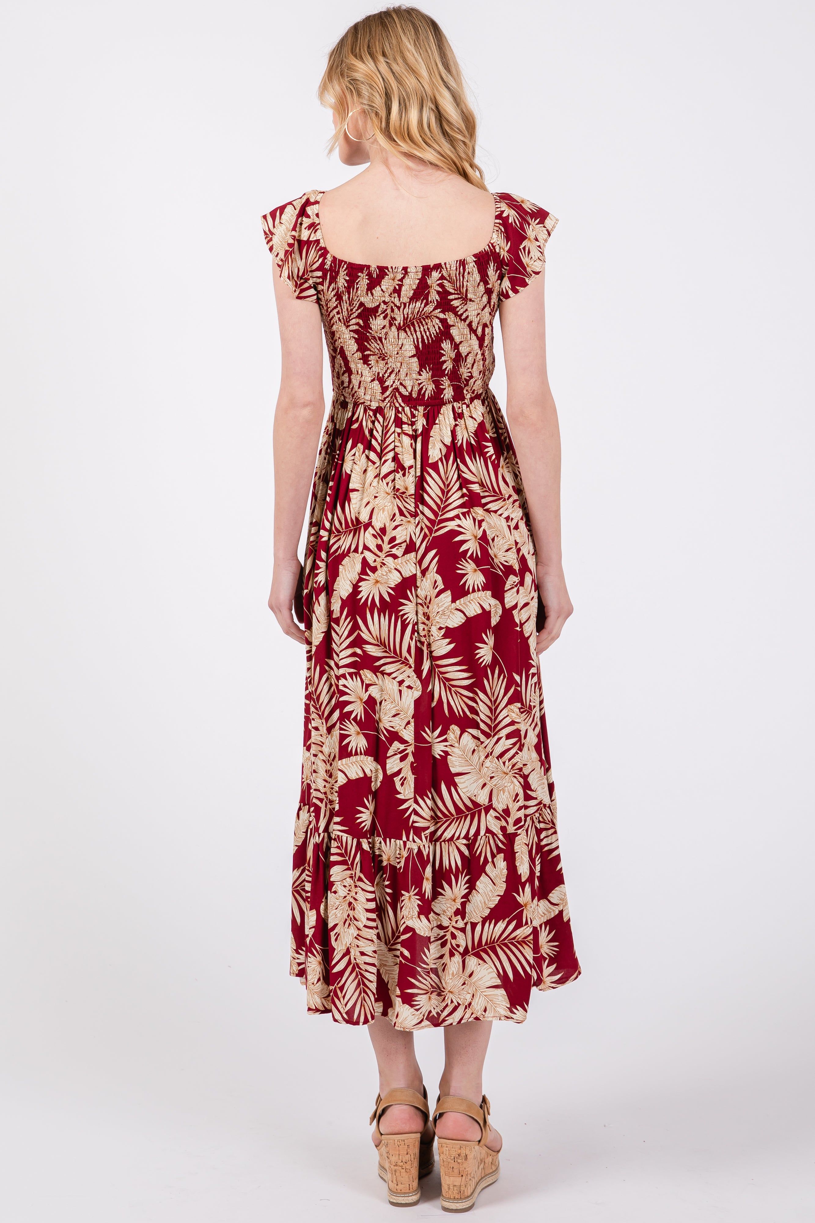 Burgundy Tropical Print Smocked Short Sleeve Maxi Dress sold by Pinkblush product image thumbnail 3