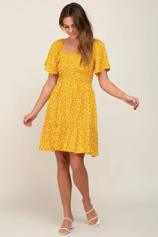Yellow Floral Smocked Square Neck Ruffle Hem Dress sold by Pinkblush