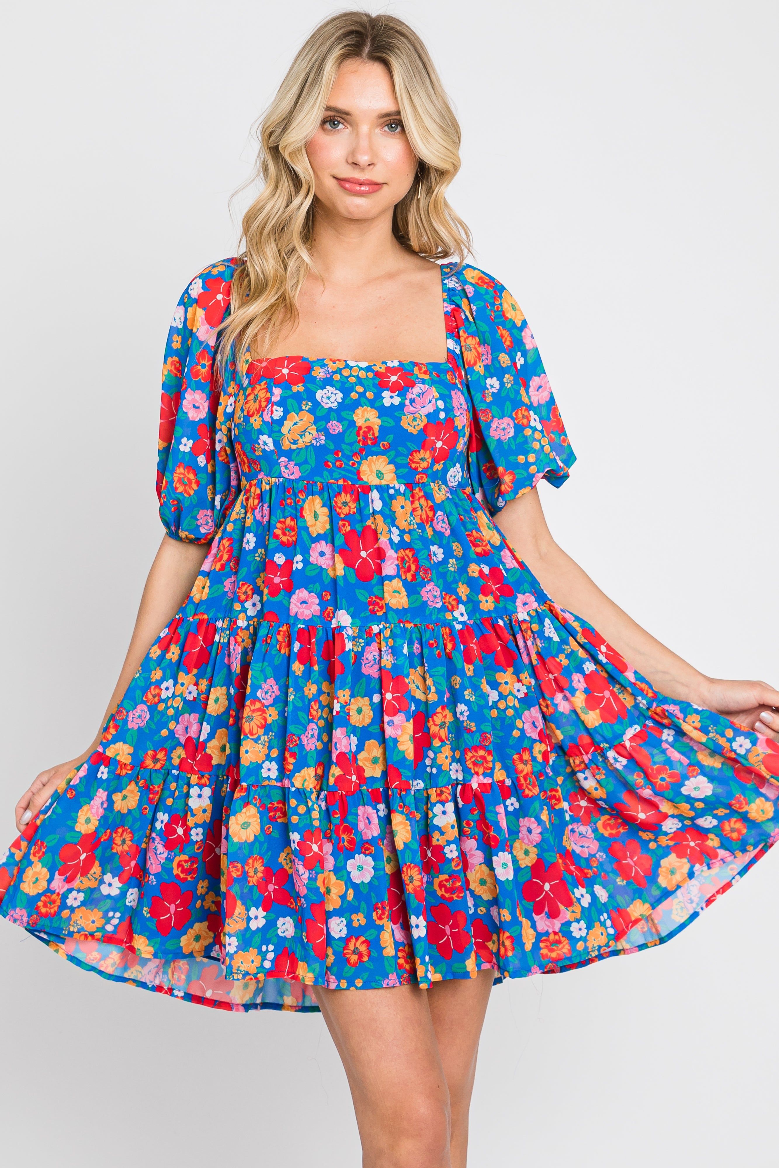 Royal Blue Floral Tiered Mini Dress sold by Pinkblush