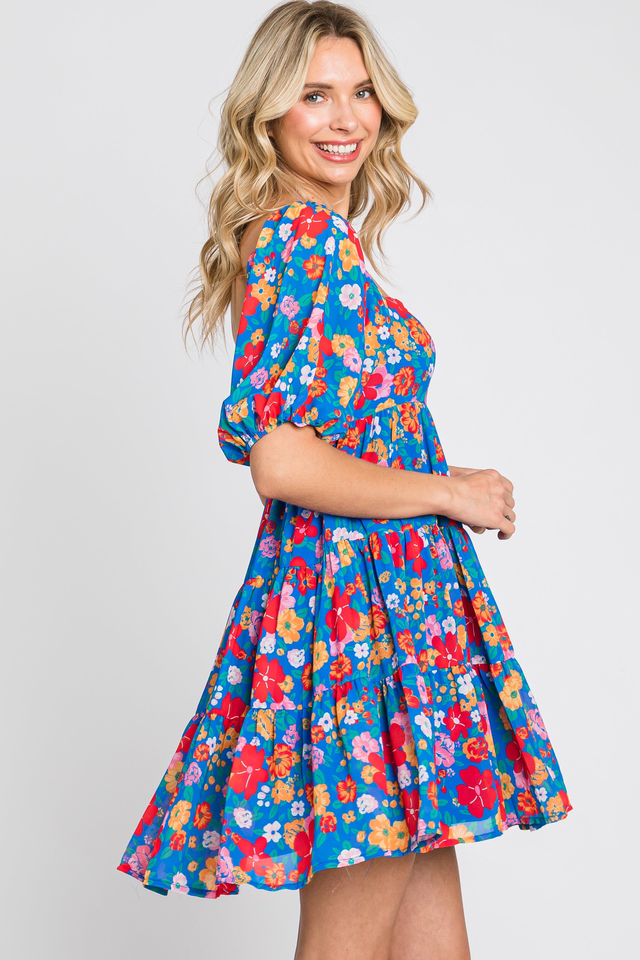 Royal Blue Floral Tiered Mini Dress sold by Pinkblush product image thumbnail 2